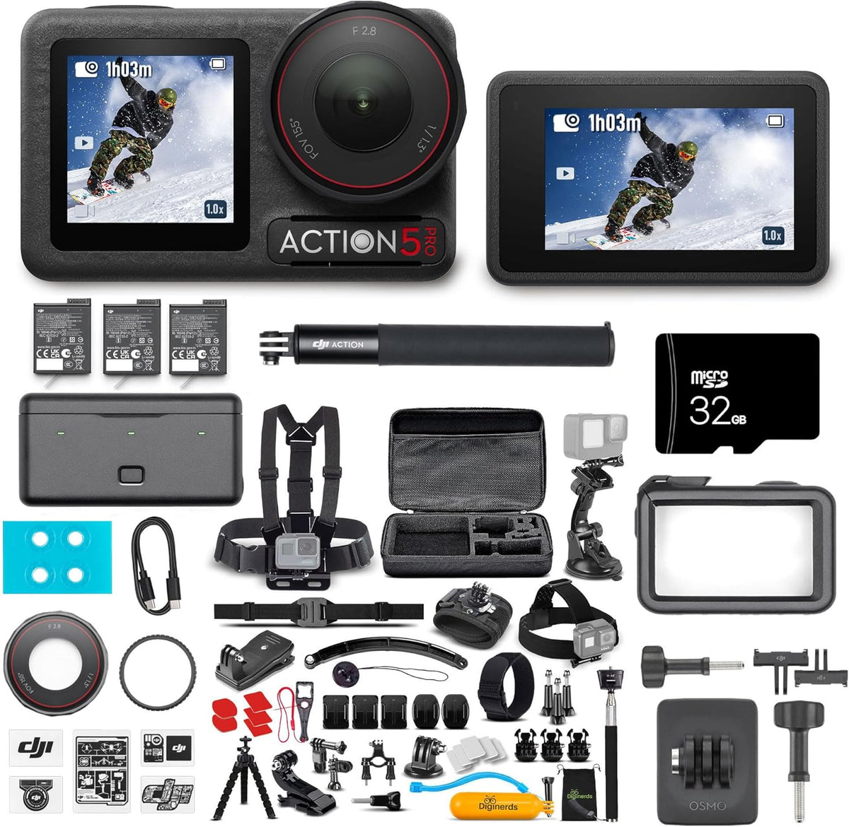 DJI Osmo Action 5 Pro Adventure Combo front view with dual touchscreens displayed.