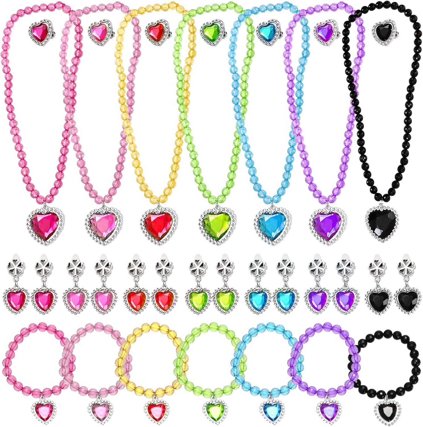 Coloch 7 sets princess dress up jewelry front view showing colorful beaded necklaces and rings