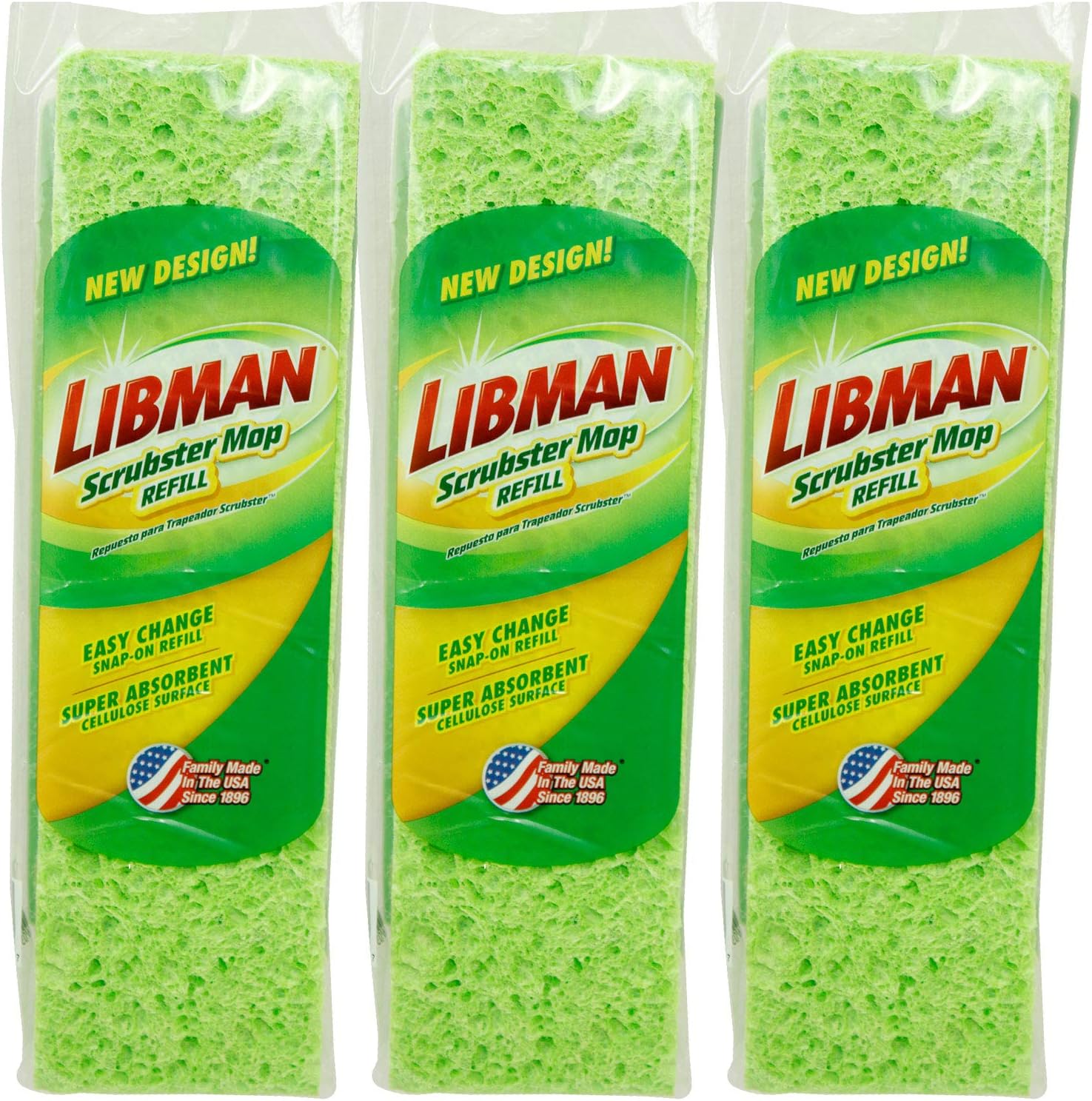 Libman Commercial Scrubster Mop Refill Pack front view showing three green cellulose sponge heads.