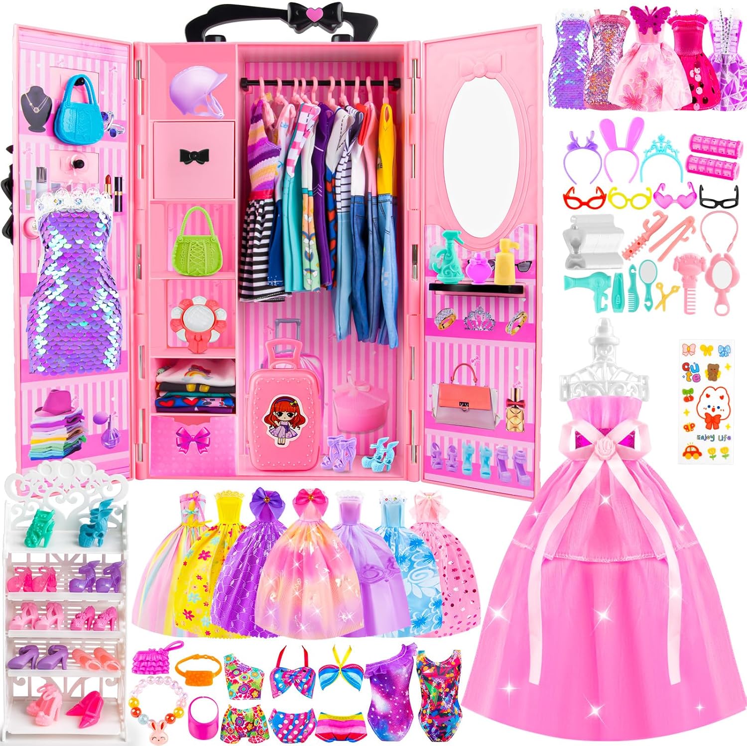 TQRAZ 137 Piece Doll Closet Playset front view showcasing the open pink portable wardrobe filled with miniature clothing and accessories.
