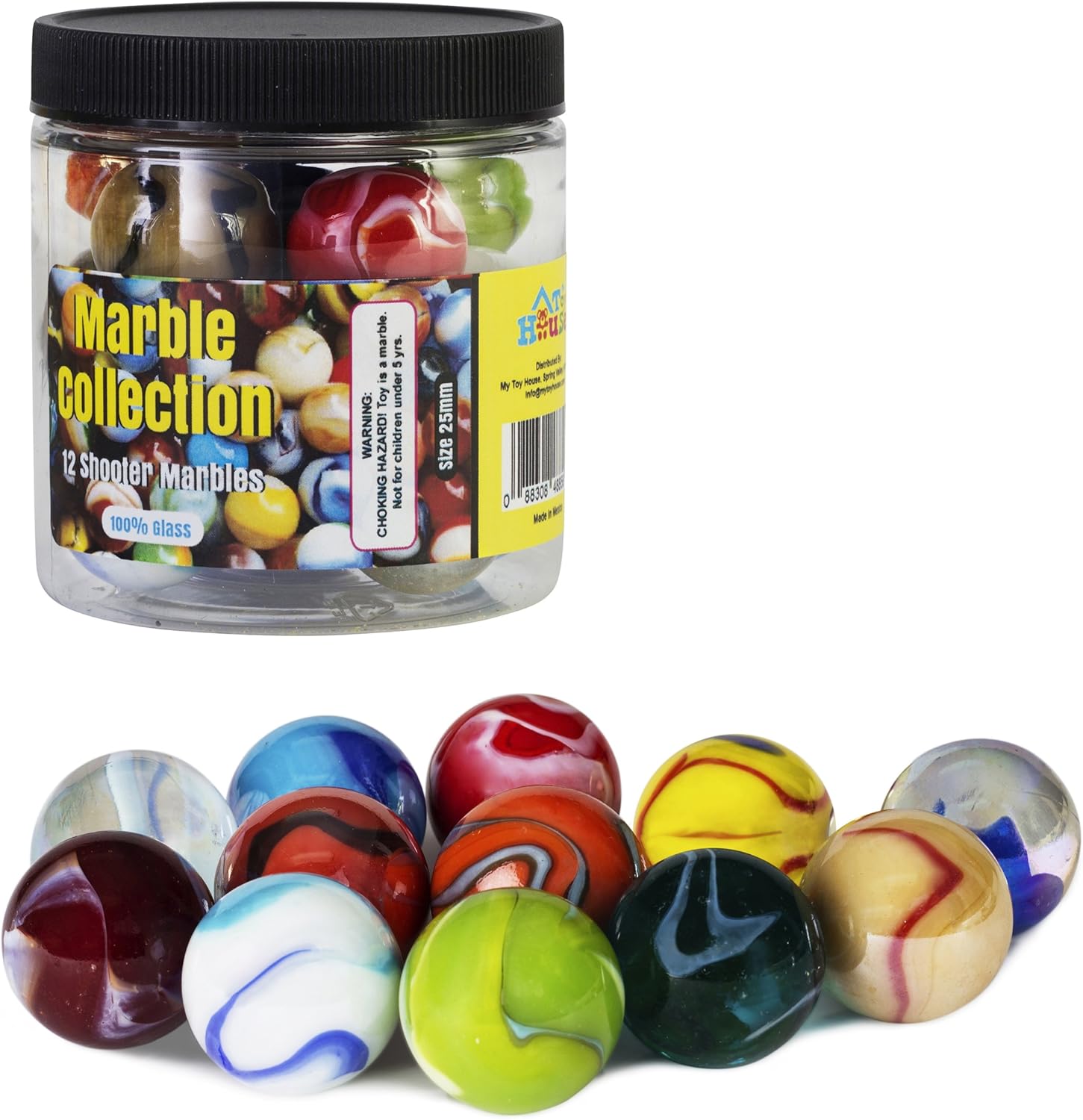 My Toy House Shooter Glass Marbles front view with clear plastic storage jar showing twelve colorful spheres.