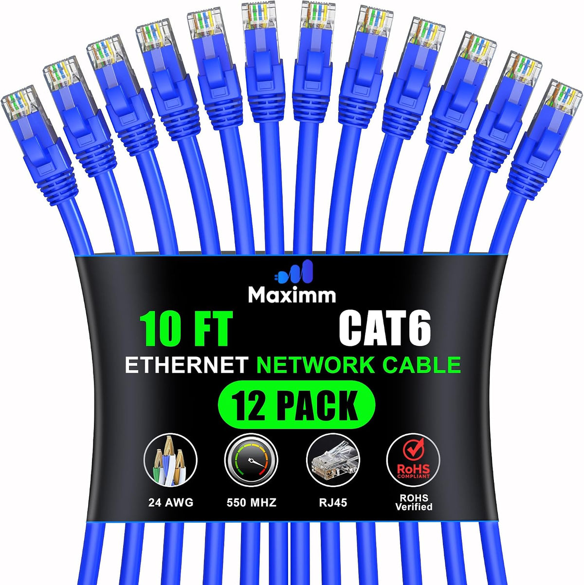 Maximm Cat 6 Ethernet Cable 10 Feet Blue 12 Pack front view