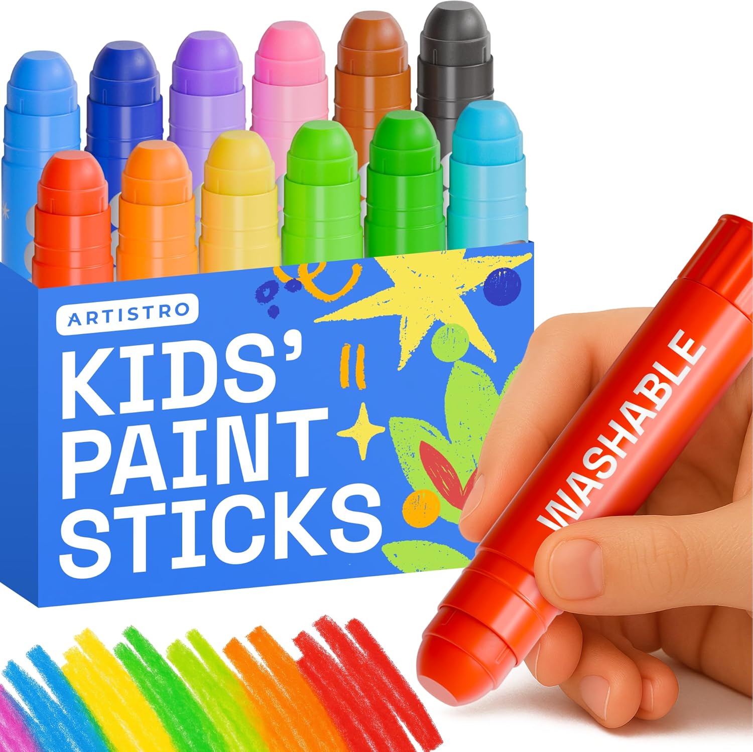 Artistro 100% Washable Tempera Paint Sticks 12 pack set front view