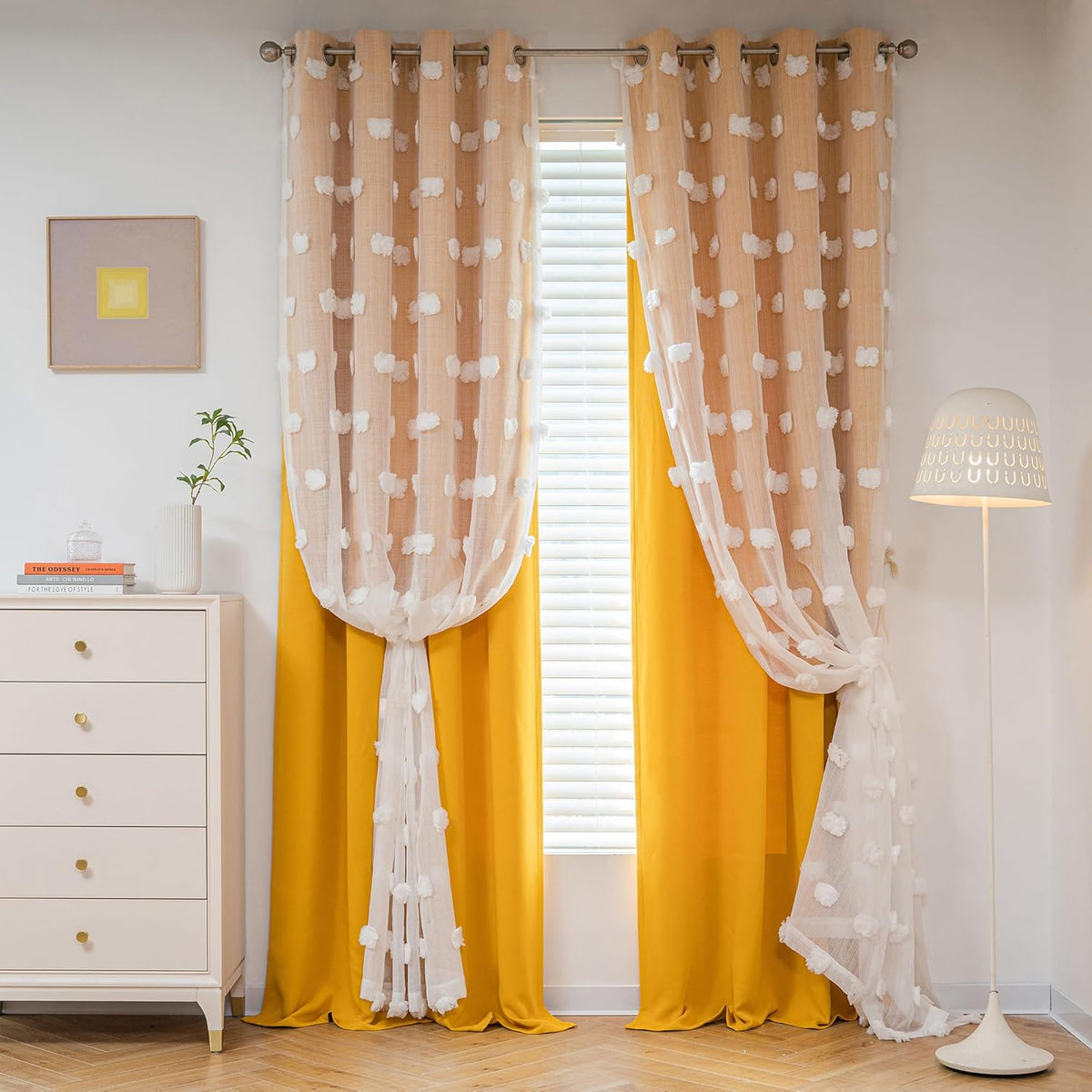 MYSKY HOME Nursery Curtains Yellow Double Layer Curtains for Bedroom 63 Inch Long Curtains for Kids Room Kithen White Pom Pom Sheer Grommet Room Darkening Window Curtains 2 Panels Set, 52 x 63 Inch - Image 9