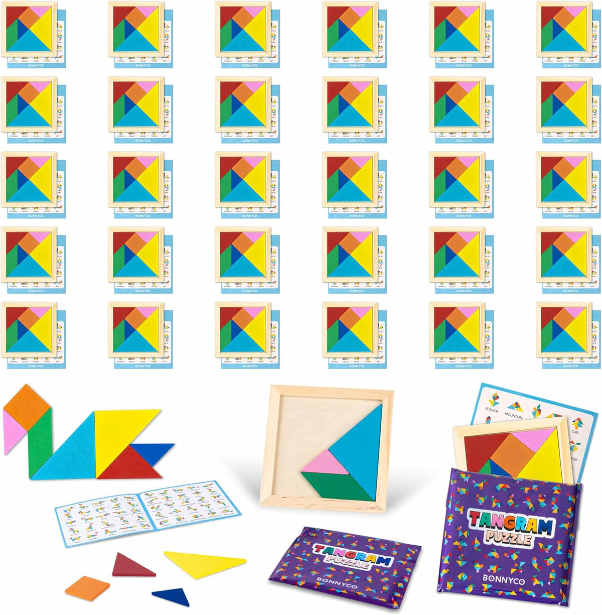 BONNYCO Tangram Wooden Puzzle Pack Of 30 front view of colorful geometric shapes for party favors