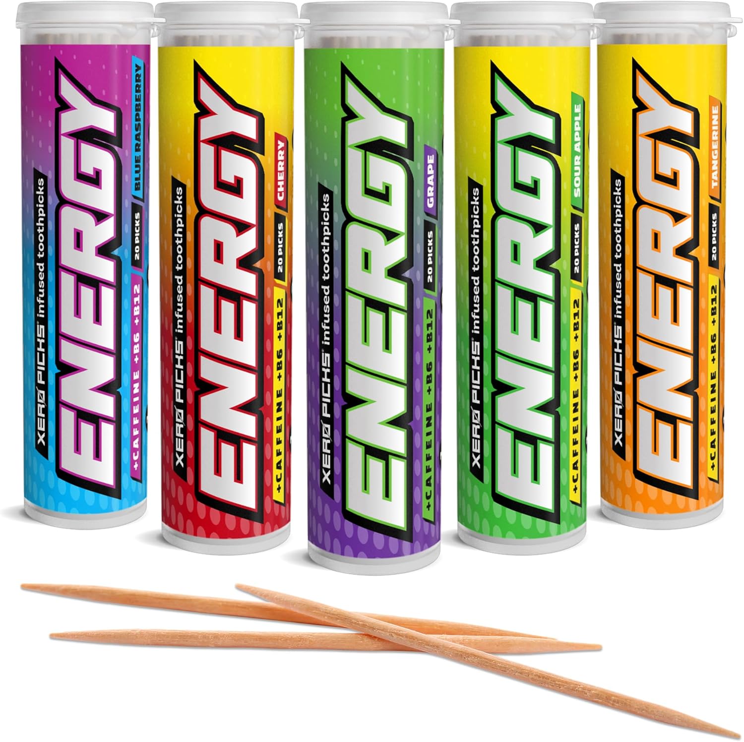 Xero Picks Energy Infused Flavored Toothpicks variety pack front view for caffeine boost.
