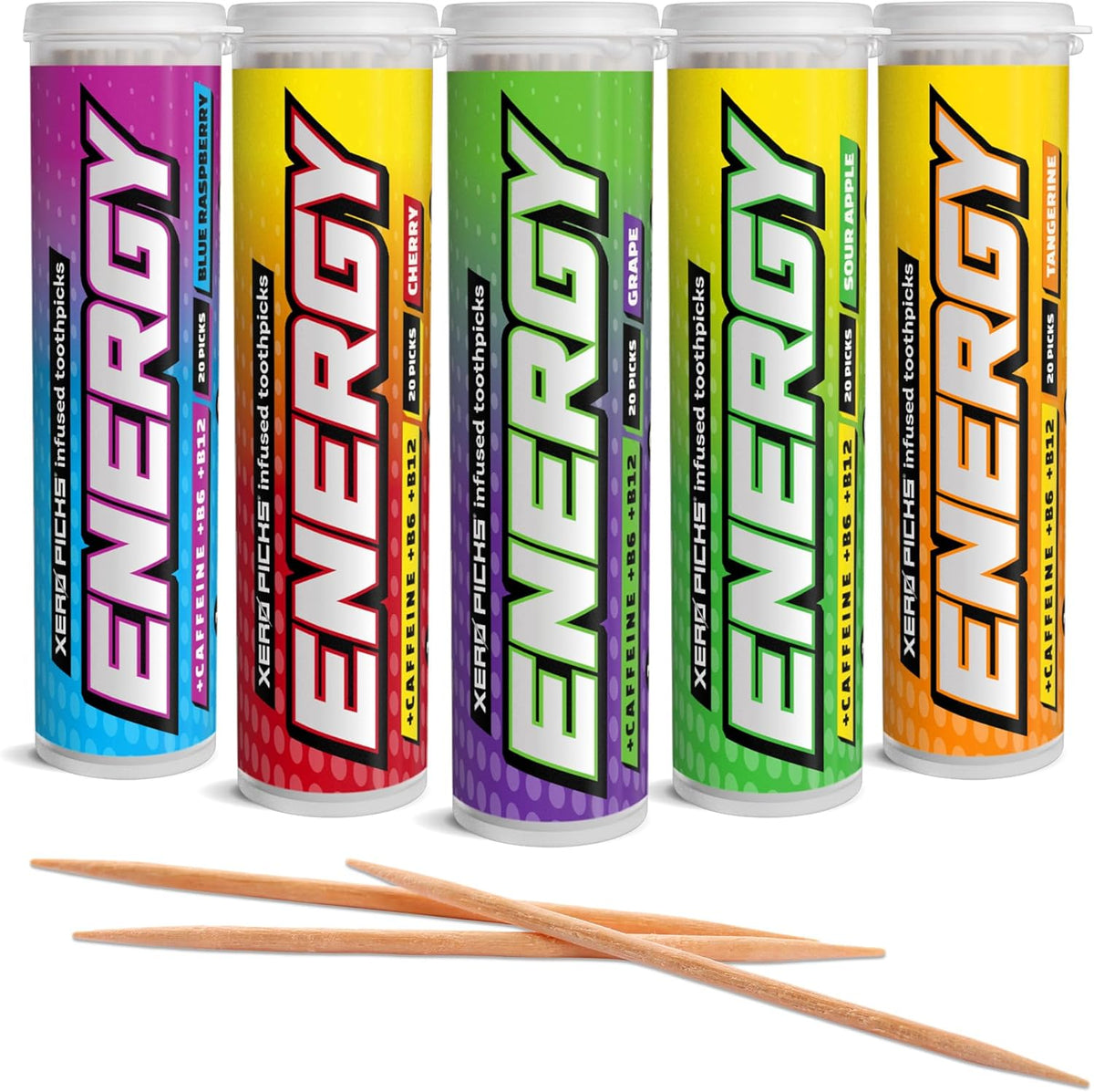 Xero Picks Energy Infused Flavored Toothpicks variety pack front view for caffeine boost.