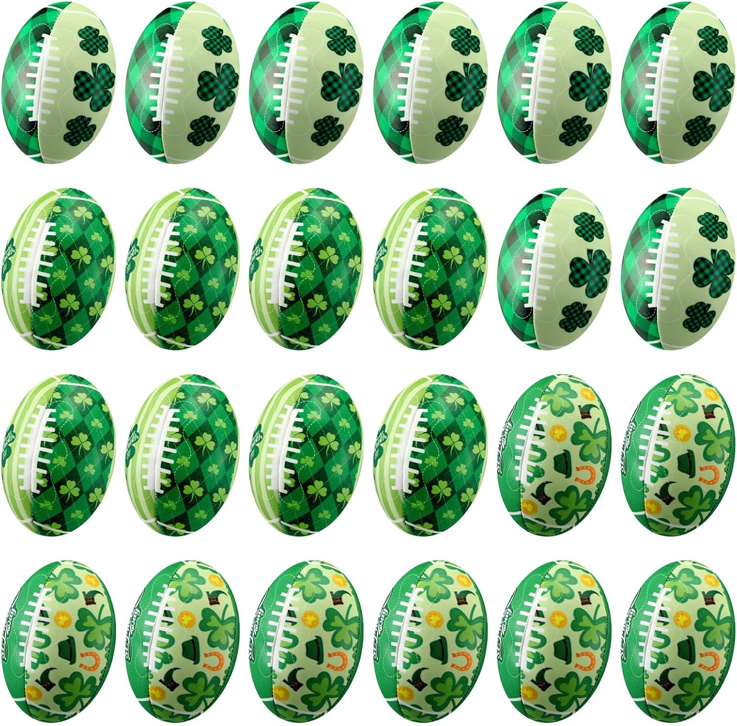 VioraWhite Saint Patricks Day football stress ball front view showing green shamrock design