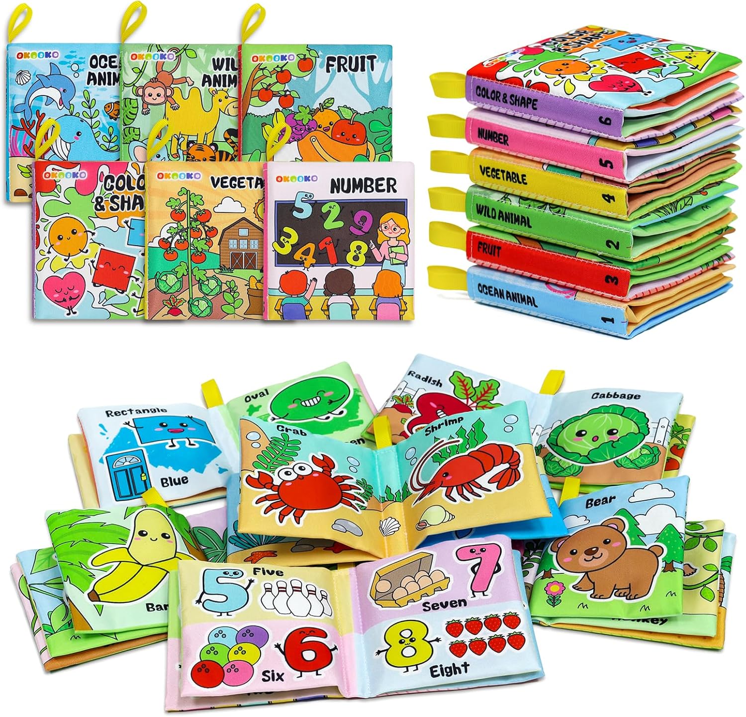 OKOOKO soft baby books 6 piece set front view showing colorful fabric educational themes