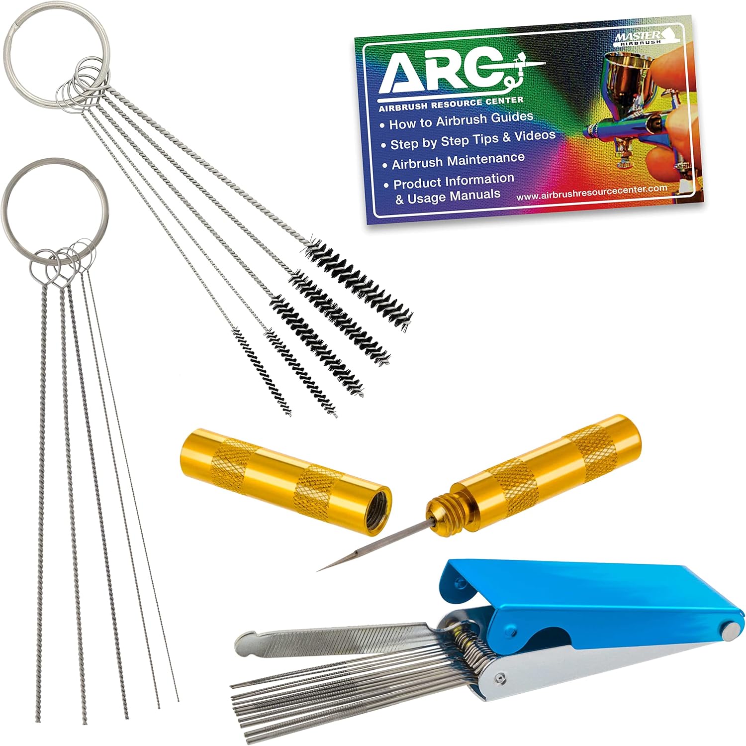 TCP Global 25 piece cleaning tool kit front view highlighting stainless steel needles and nylon brushes for airbrush maintenance.