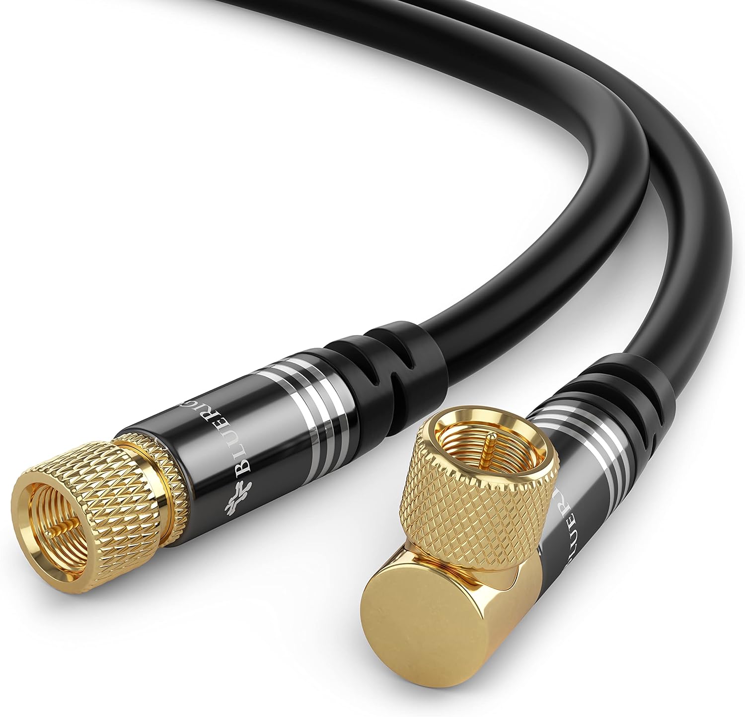 BlueRigger RG6 digital coaxial audio video cable front view highlighting the right angle and straight connectors.