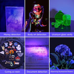 Durable aluminum alloy UV light detector shown alongside three included AAA batteries.