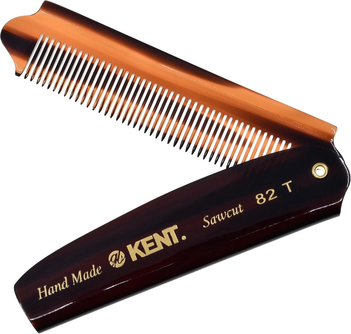 Kent 82T handmade folding pocket comb front view open position showing fine teeth