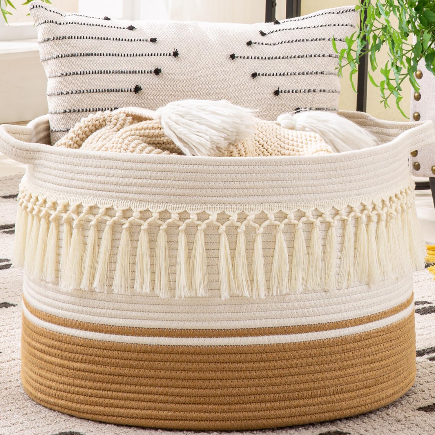 Kakamay Large Blanket Basket front view showing white fringe detail