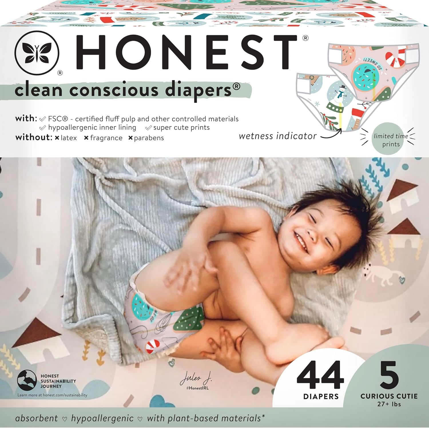 The Honest Company Comfort Dry Disposable Diapers, Plant-Based Sustainable, Winter '24 Seasonal Prints, Club Box, Size 5 (27 lbs), 44 Count - Image 1