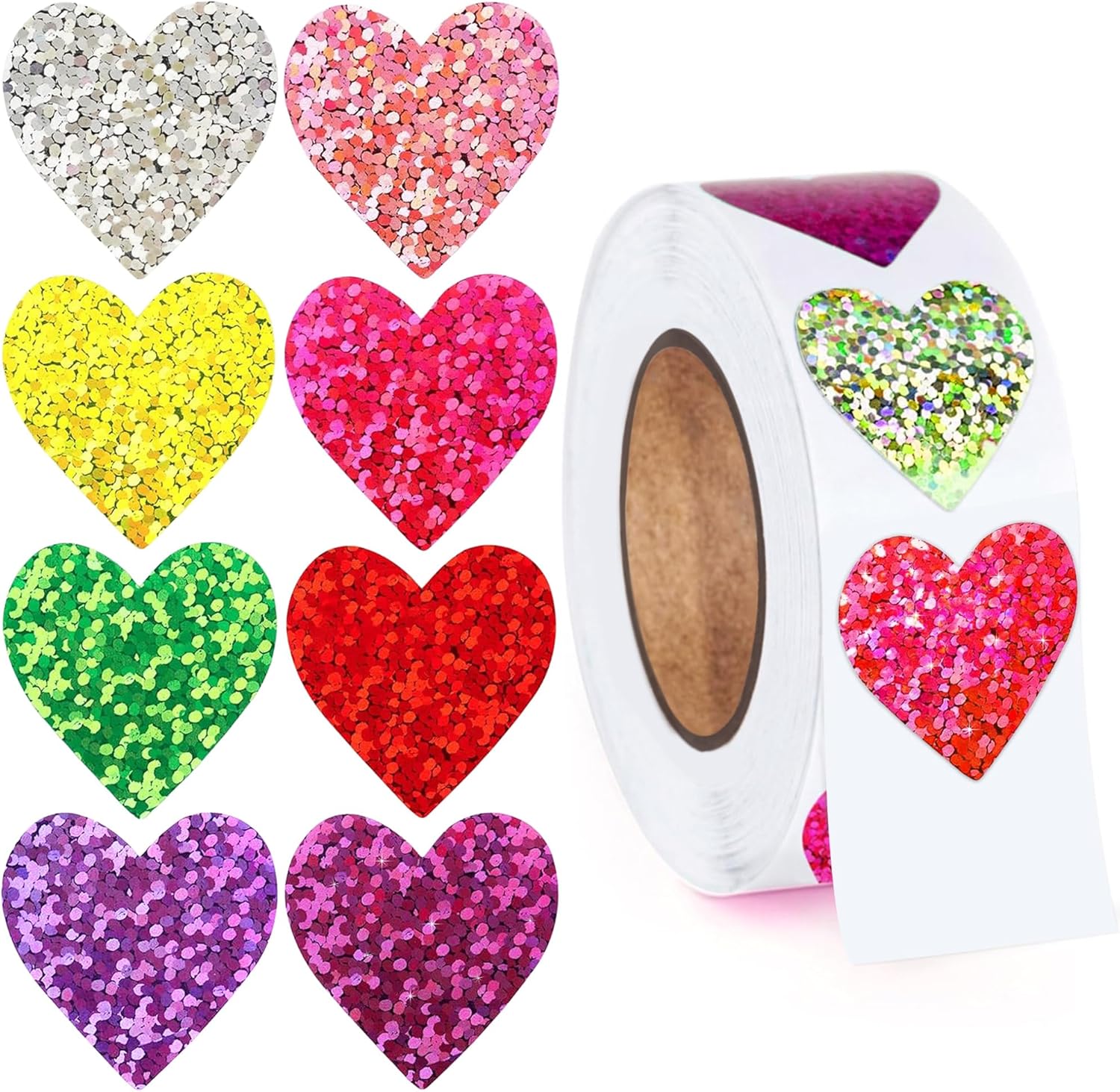 Anwyll glitter heart stickers roll front view showing multi-colored sparkly designs