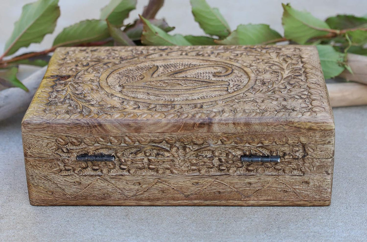Dharmaobjects wooden box showcasing floral and paisley border details