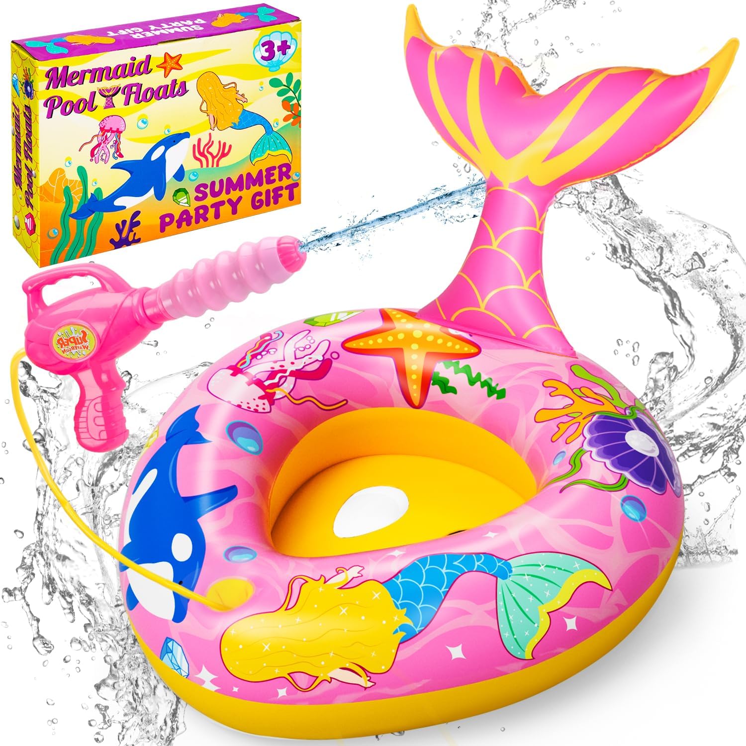 Difola mermaid pool float for kids front view with water gun
