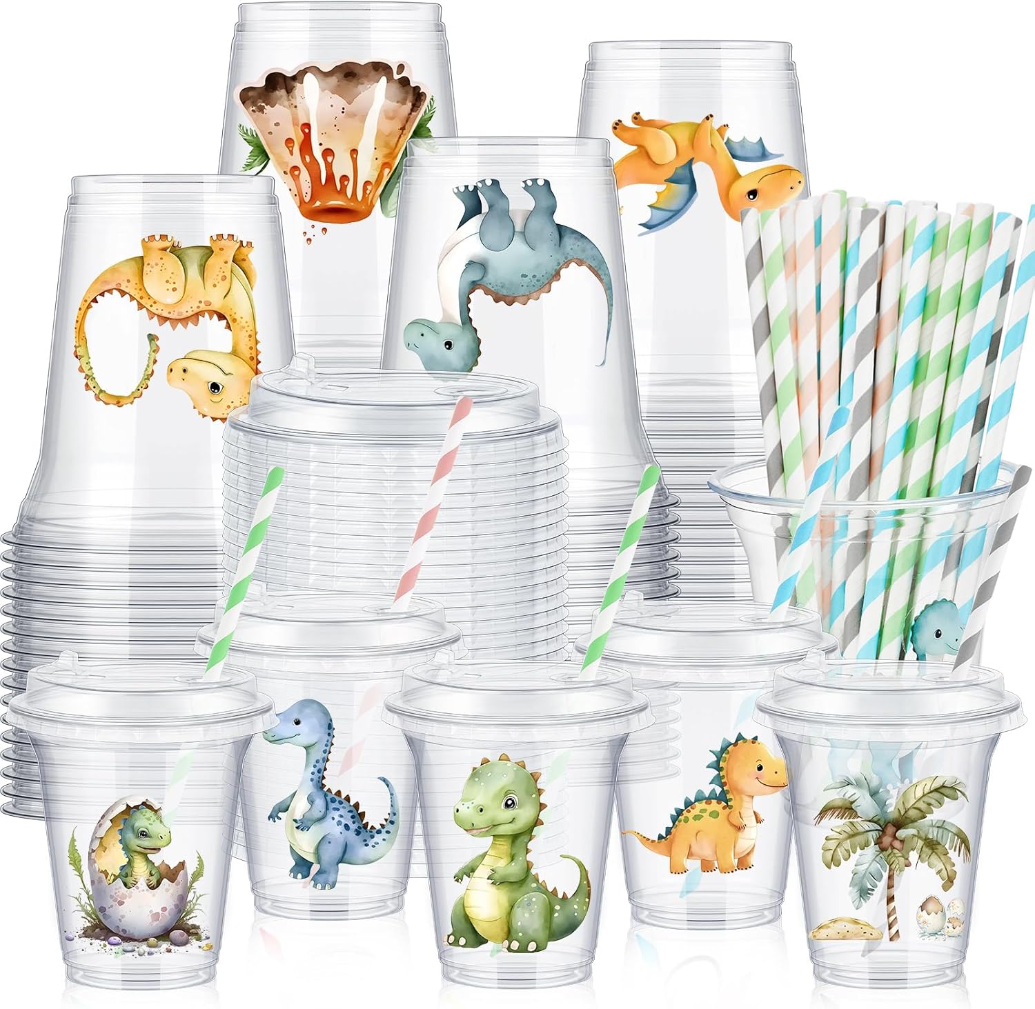 FoldTier dinosaur party cups with lids and straws front view