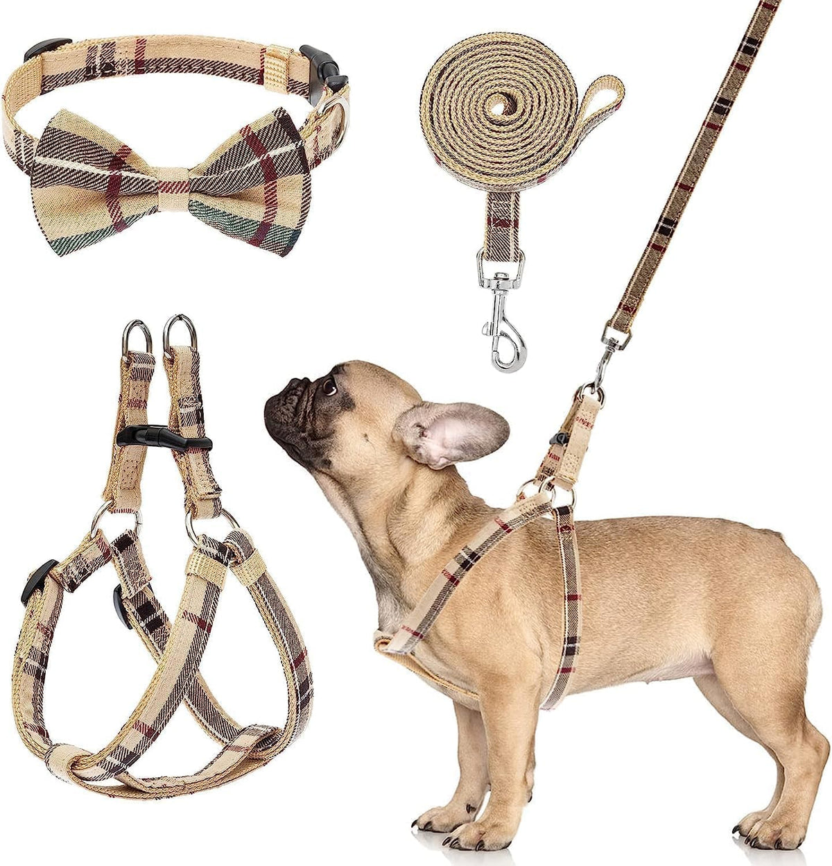 Bingpet dog harness beige plaid set front view