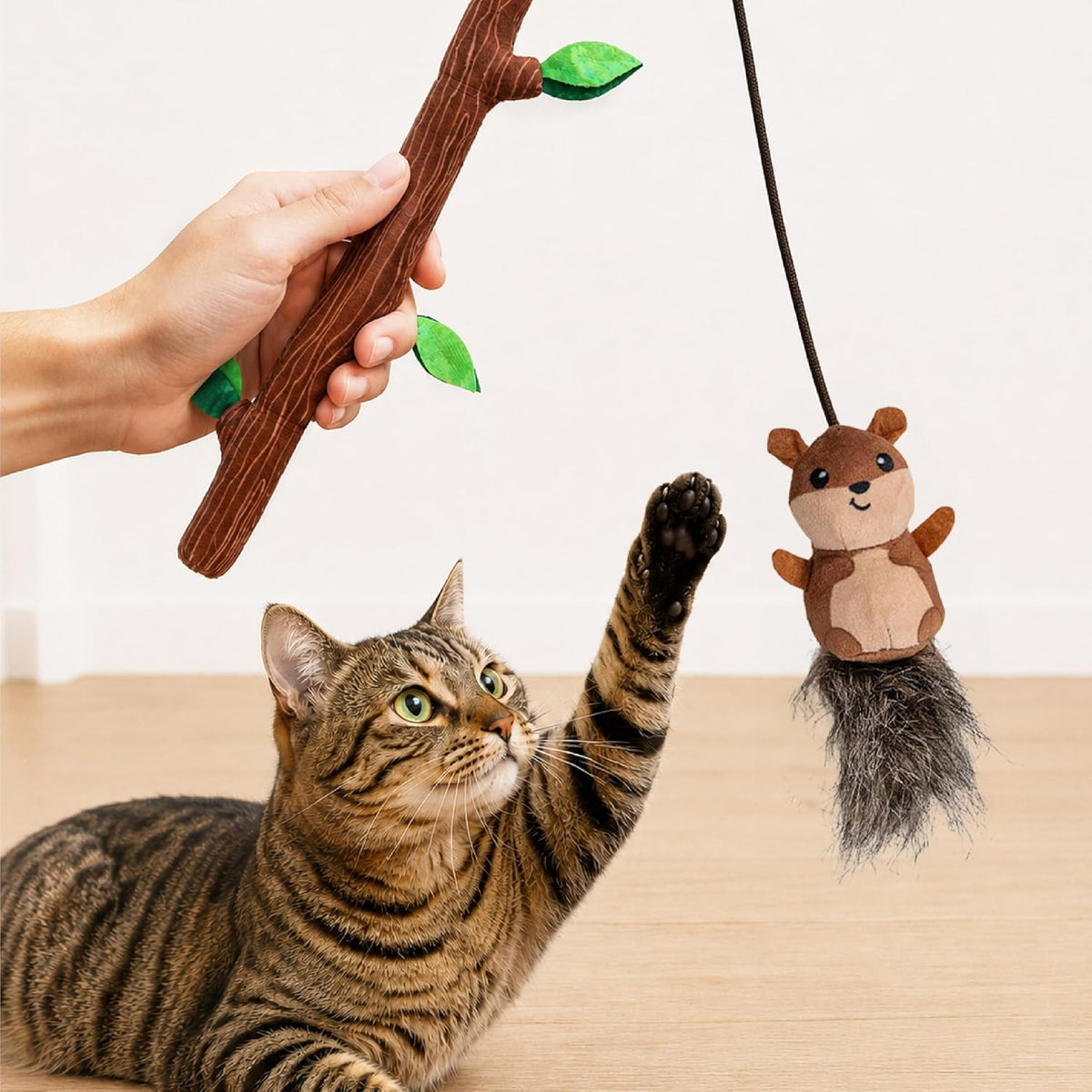Close up of catnip infused plush squirrel on wand