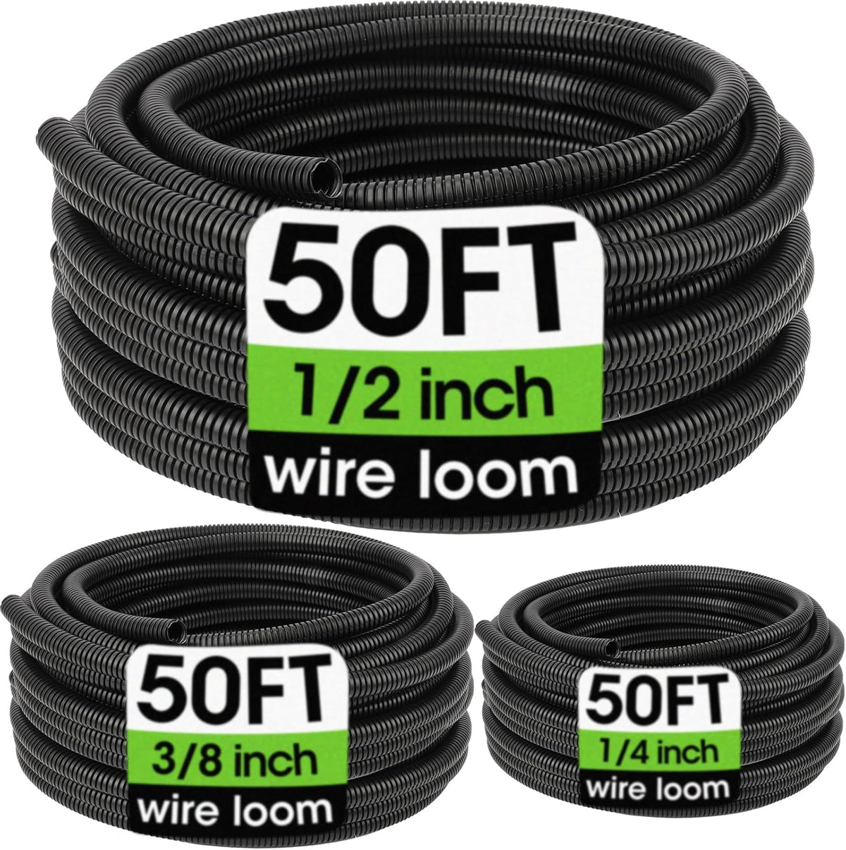 YesBes split wire loom tubing kit front view showcasing three black corrugated conduit rolls