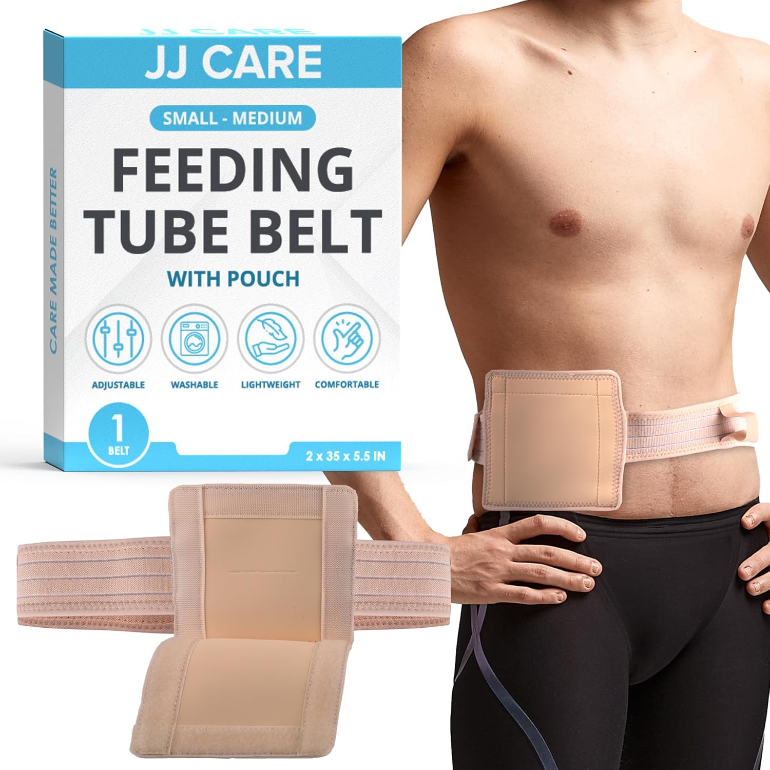 JJ Care Feeding Tube Belt small size front view showcasing the breathable nylon fabric and secure pouch closure.