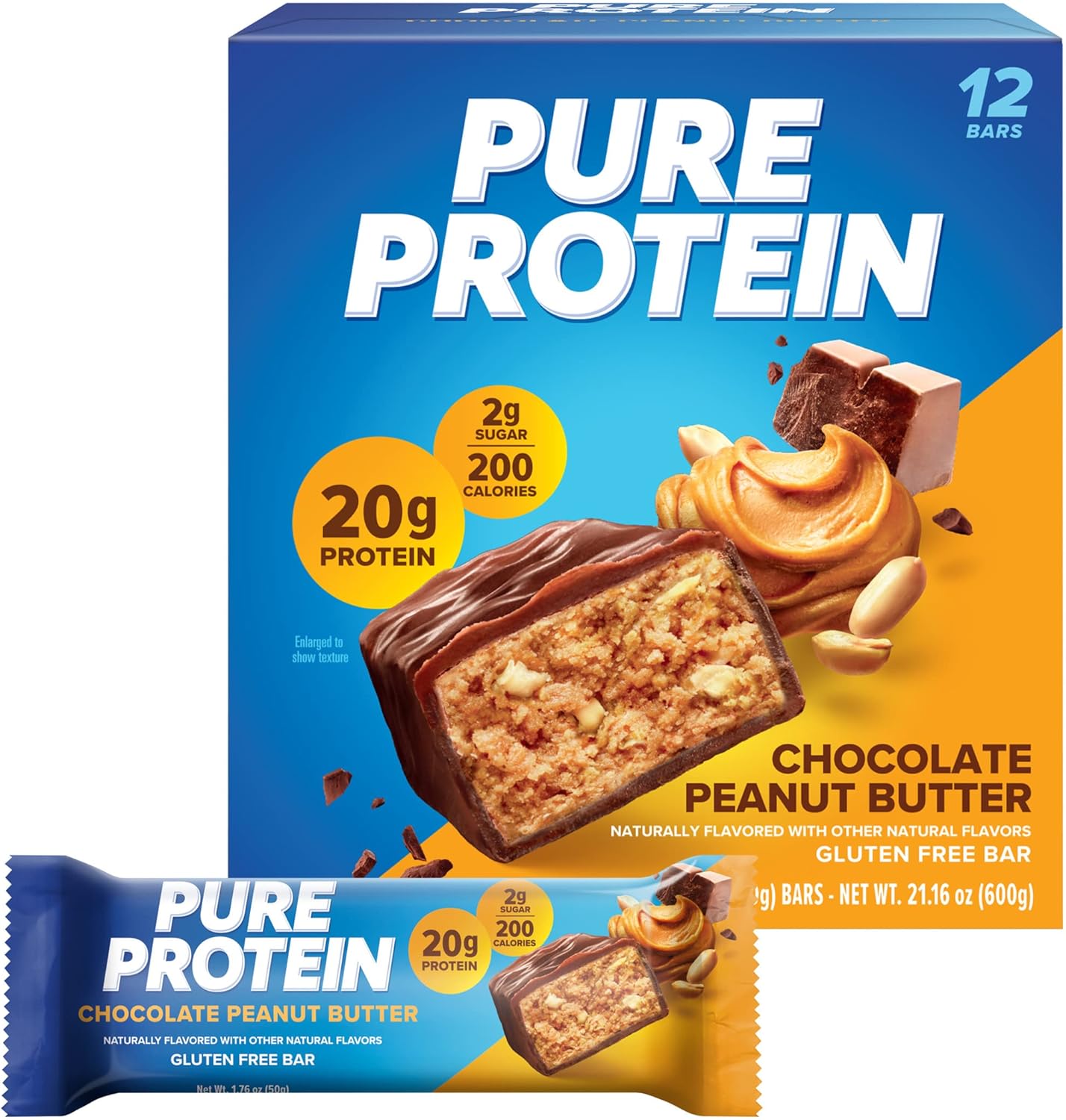 Pure Protein Chocolate Peanut Butter Protein Bars – 20g Protein, 3g Sugar, 190 Calories (12 count) Low Sugar* High Protein Snack - Gluten Free - Perfect for a Healthy Snack - Image 1