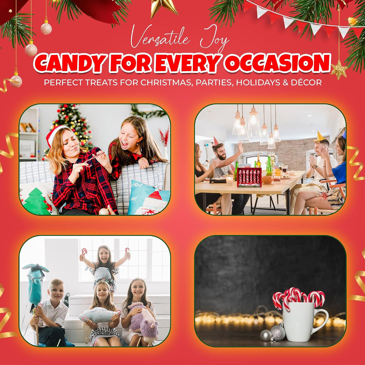 Individually wrapped Christmas candy canes on a festive background.