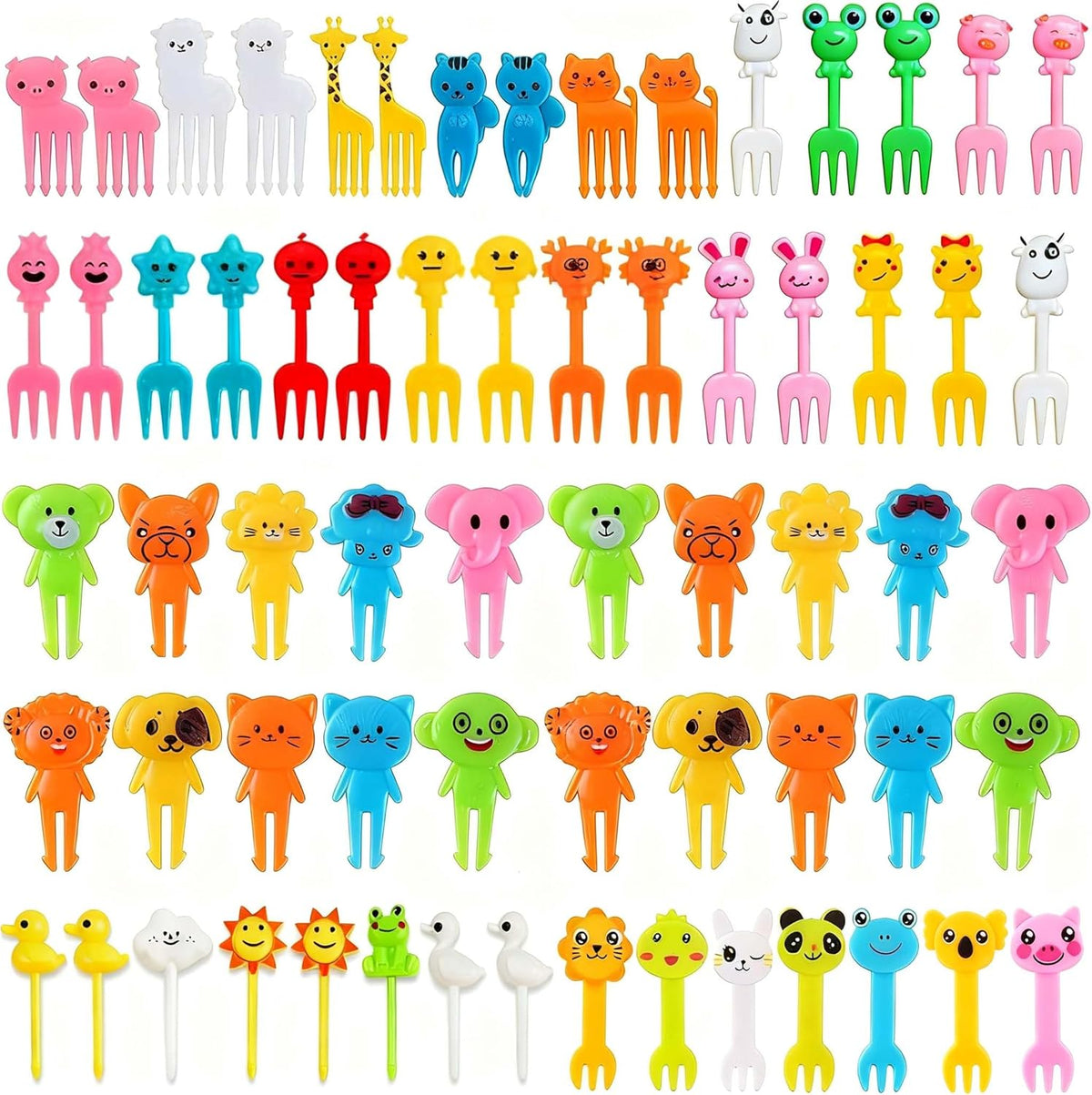 WXOIEOD animal food picks 65 count set front view displaying colorful assorted shapes