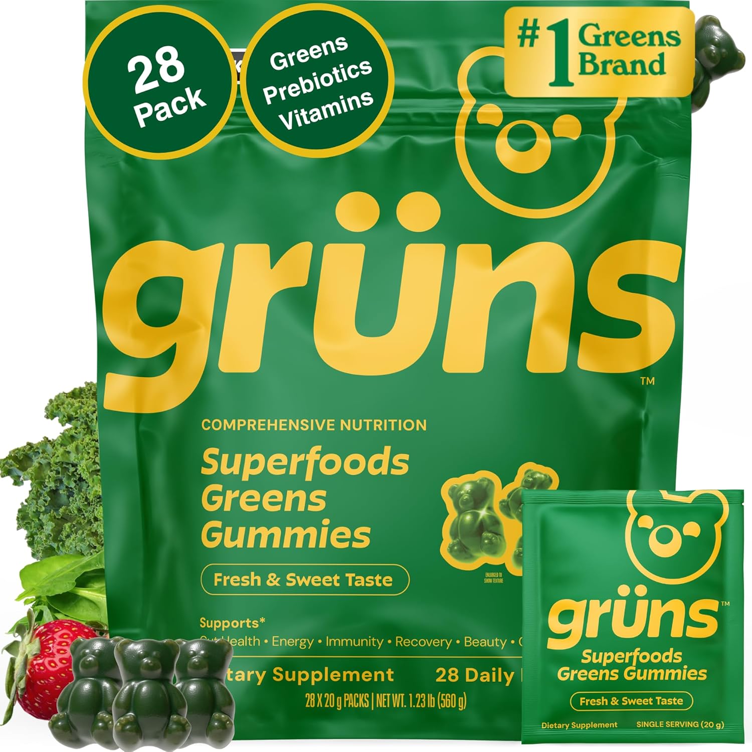 Grüns Adult Super Greens Multivitamin Gummies front view pouch containing twenty eight individual daily snack packs for comprehensive nutrition.