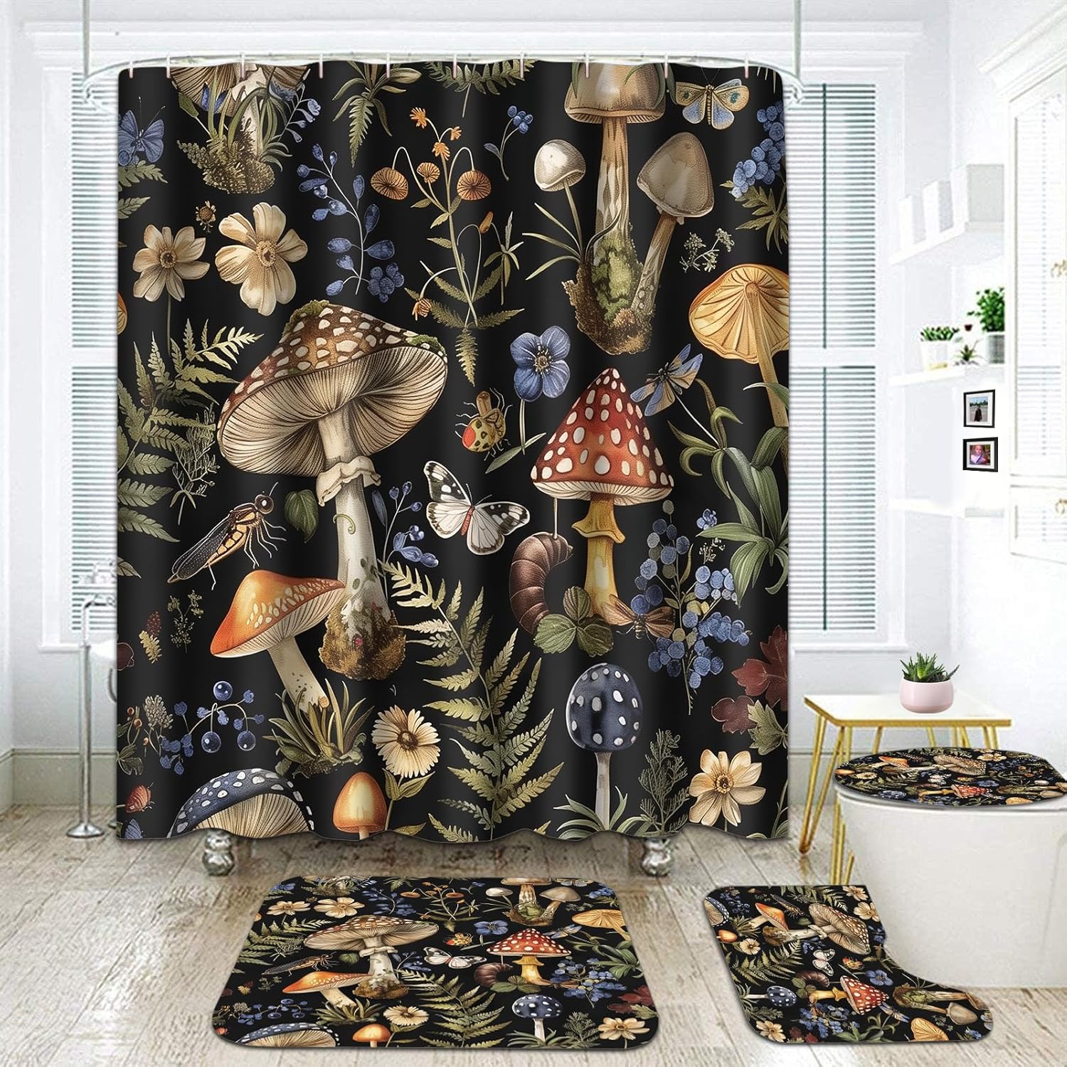 Vodrm vintage mushroom bathroom set with shower curtain and rugs