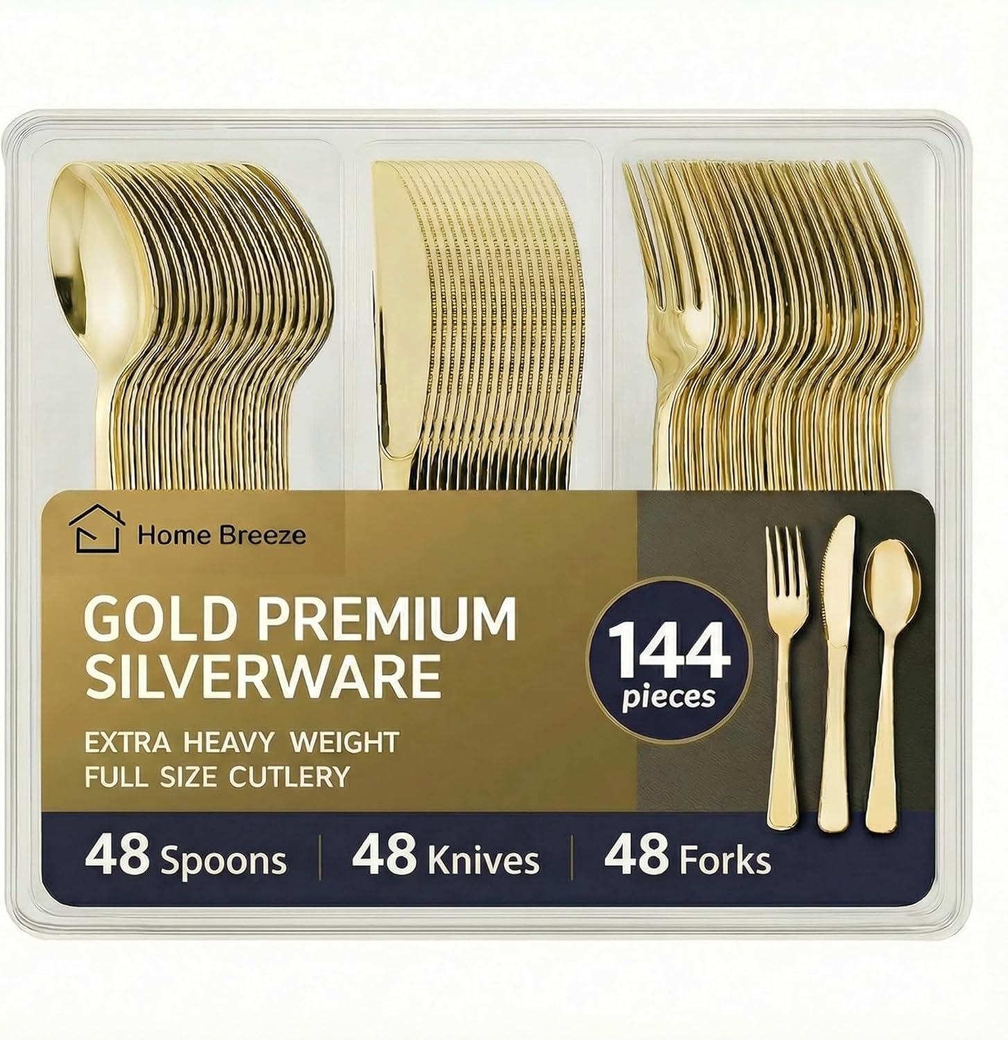 Home Breeze gold premium heavy duty plastic silverware front view showcasing elegant catering utensils.