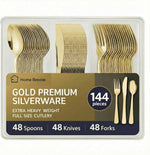Home Breeze gold premium heavy duty plastic silverware front view showcasing elegant catering utensils.