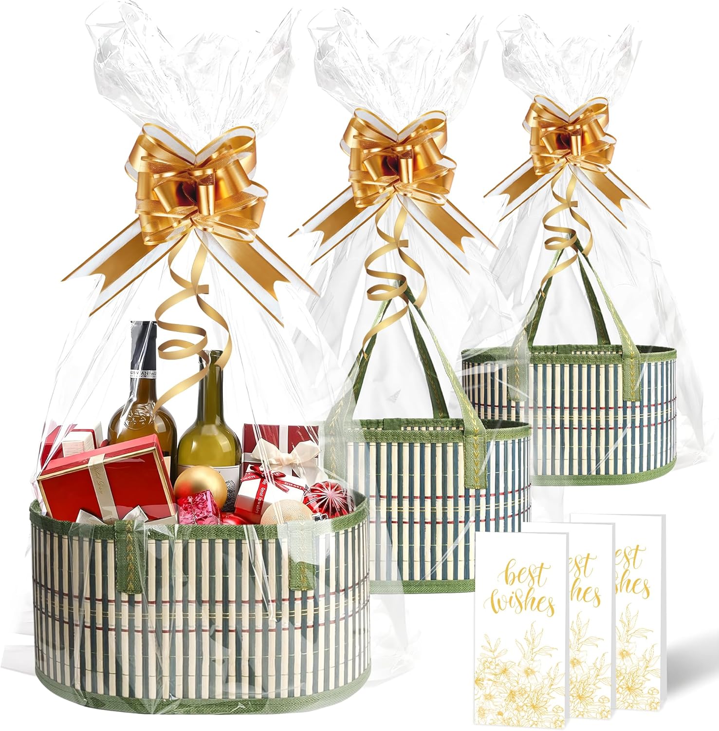 BINVASDS 3 Set Empty Bamboo Gift Baskets front view showing green woven design with handles.