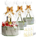 BINVASDS 3 Set Empty Bamboo Gift Baskets front view showing green woven design with handles.