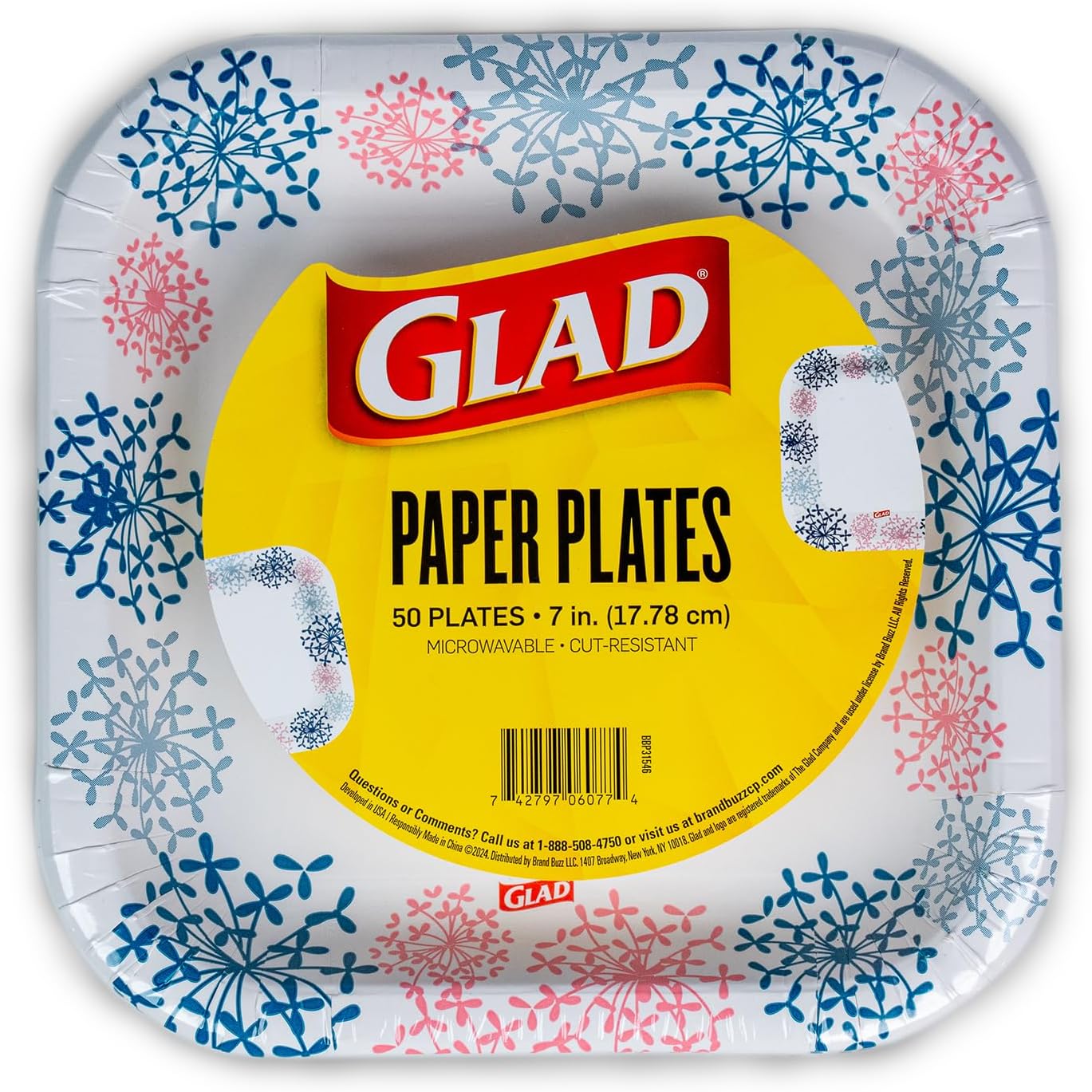 Glad Square Disposable Paper Plates front view pink hydrangea design