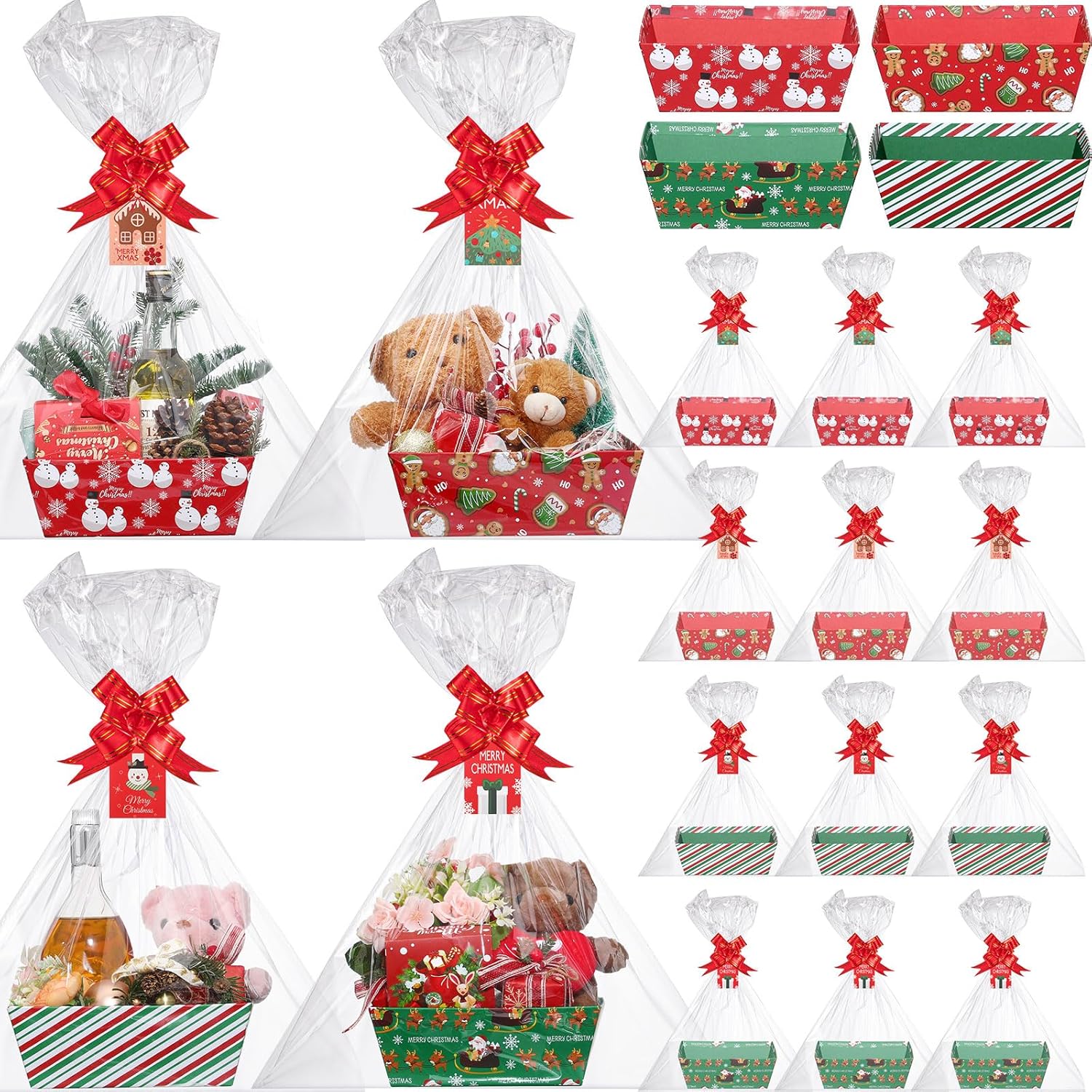 Cholemy 12 sets large Christmas gift basket kit front view with snowman design cardboard trays filled with festive treats.