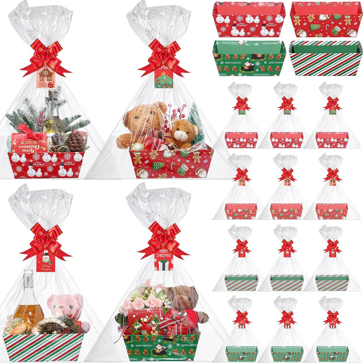 Cholemy 12 sets large Christmas gift basket kit front view with snowman design cardboard trays filled with festive treats.