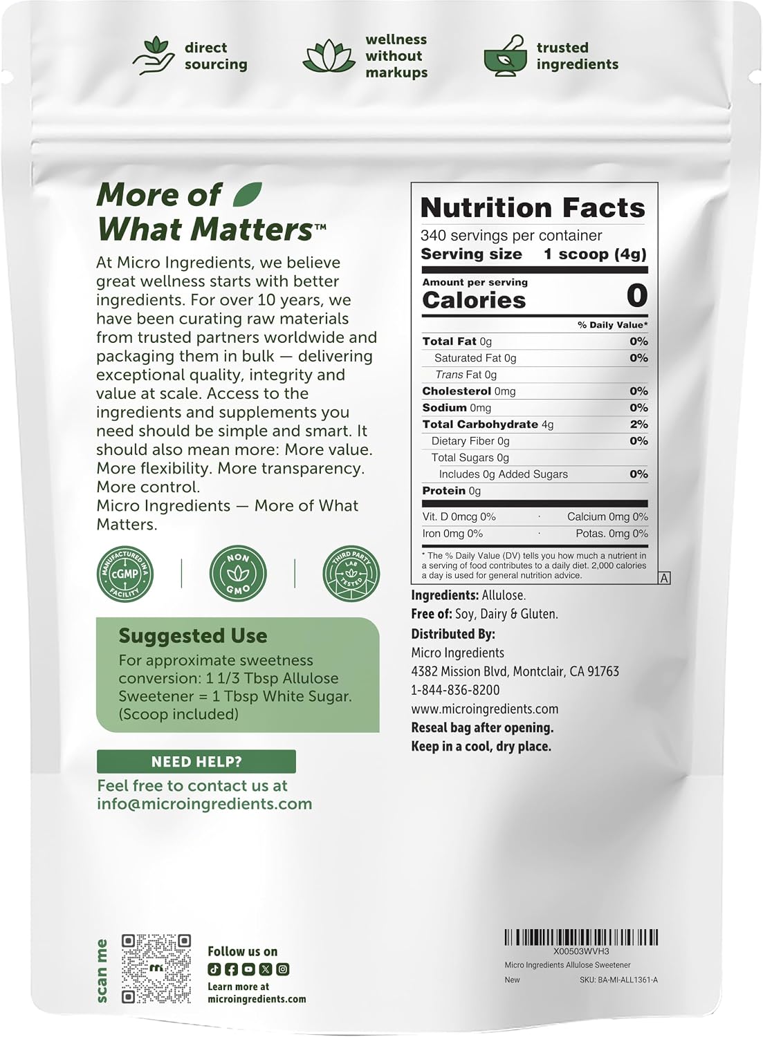 Micro Ingredients Allulose Sweetener nutritional facts label