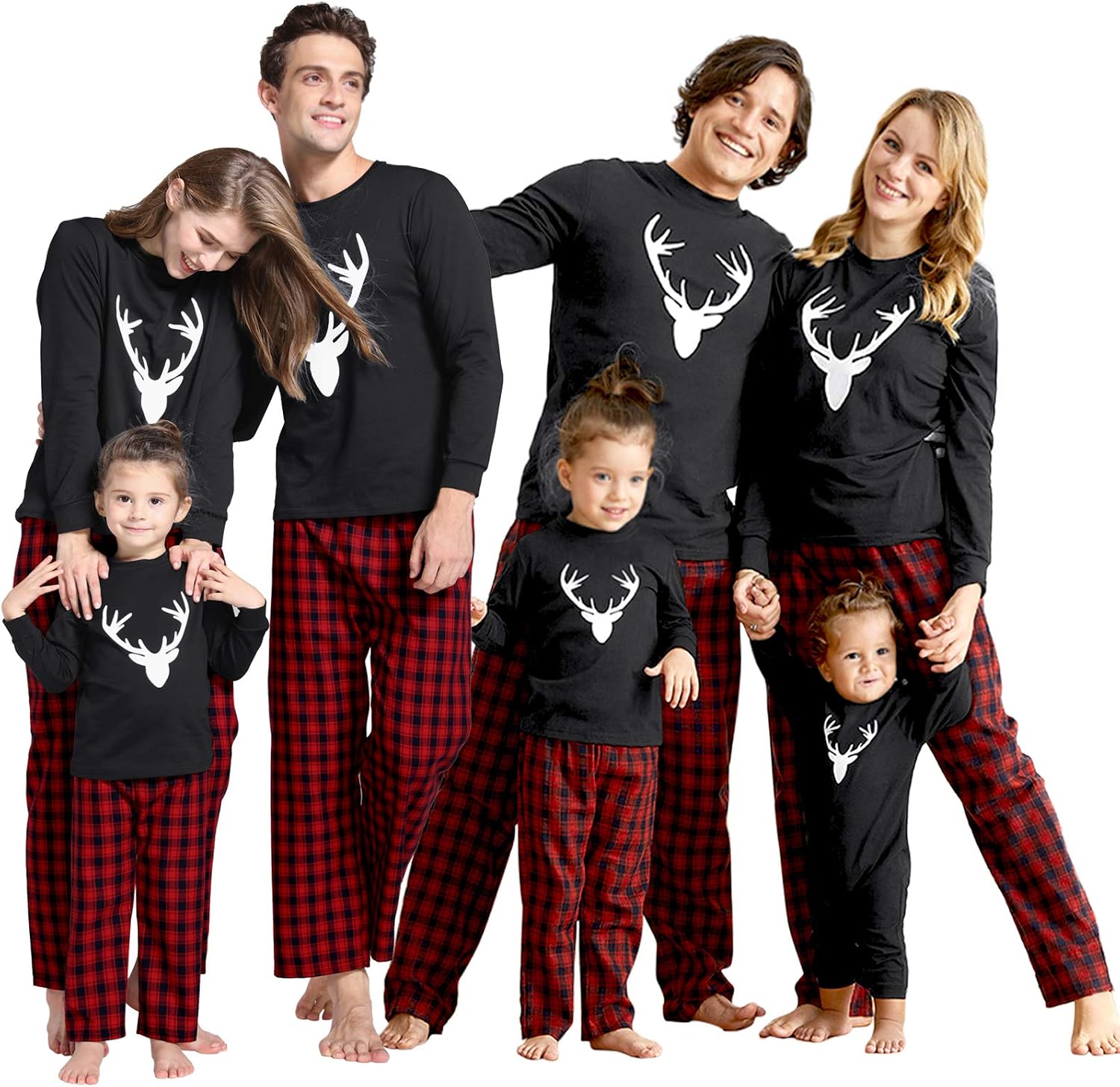 IFFEI family Christmas pajamas matching sets front view with reindeer top and plaid pants