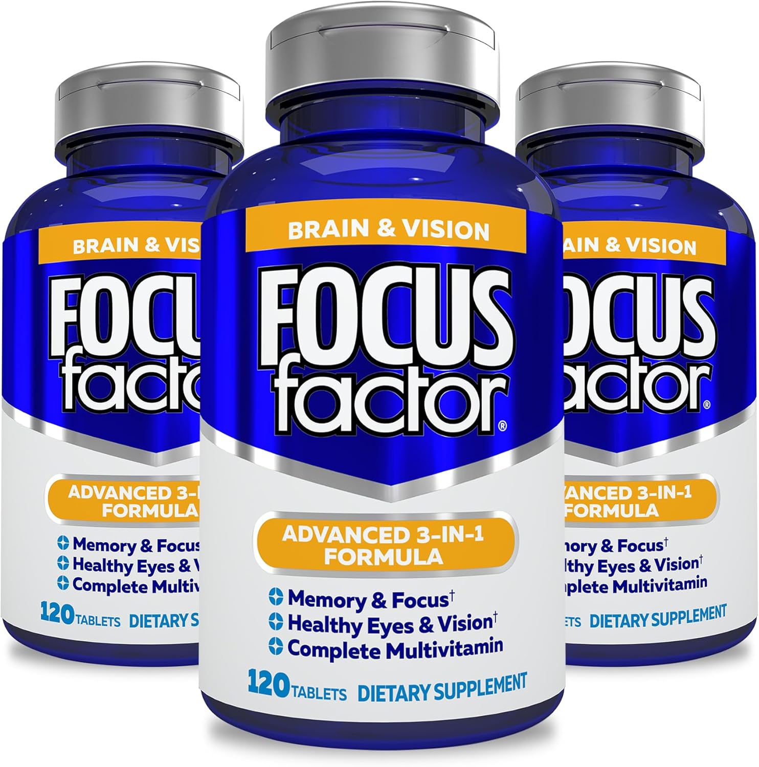 Focus Factor Adults Brain and Vision Supplement, 120 Count- Eye Vitamin, Mineral Supplement, Complete Multivitamin with Lutein & Zeaxanthin - Brain Supplement for Focus, Concentration, Memory (3 Pk) - Image 1