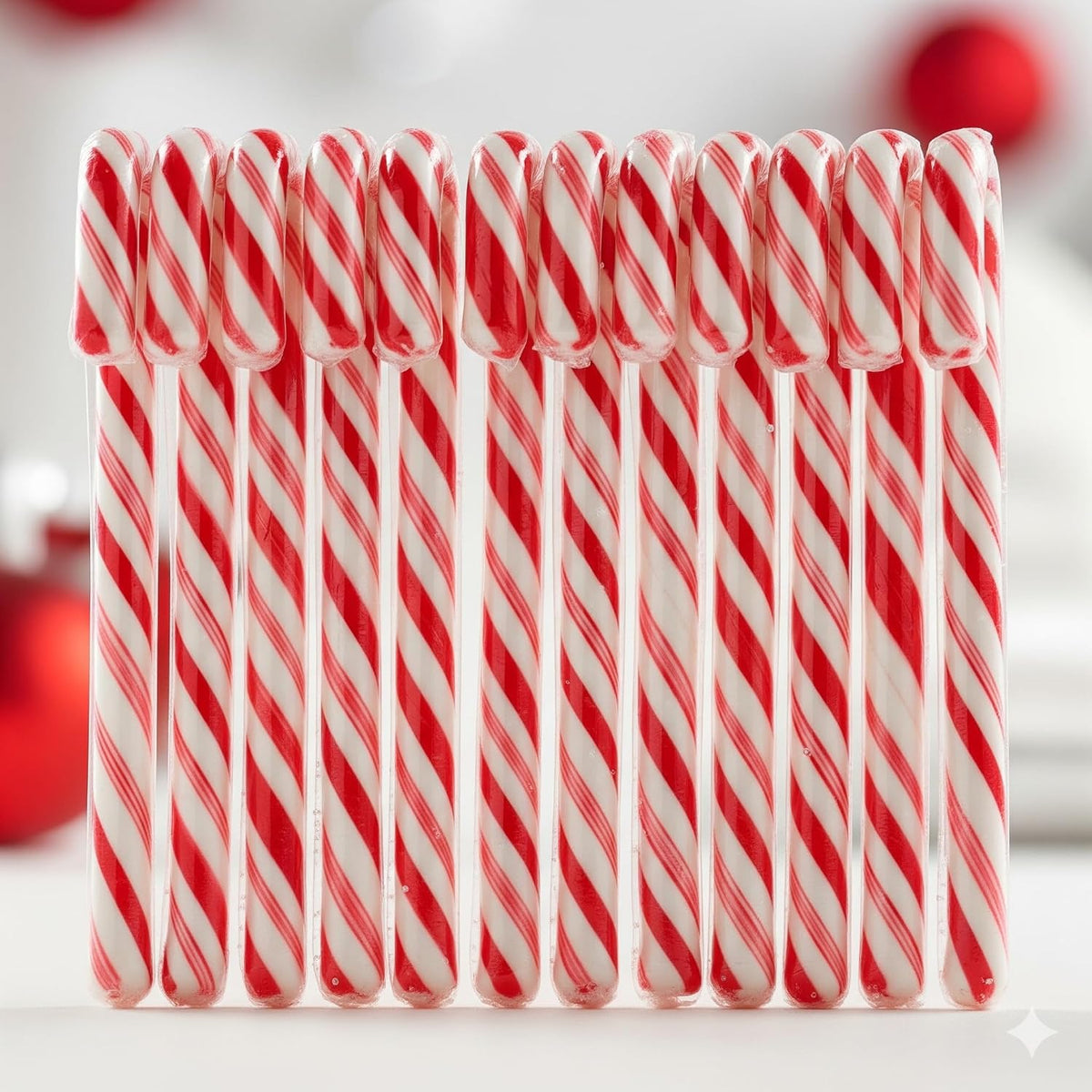 Individually wrapped red and white striped hard candies displayed on a clean background.