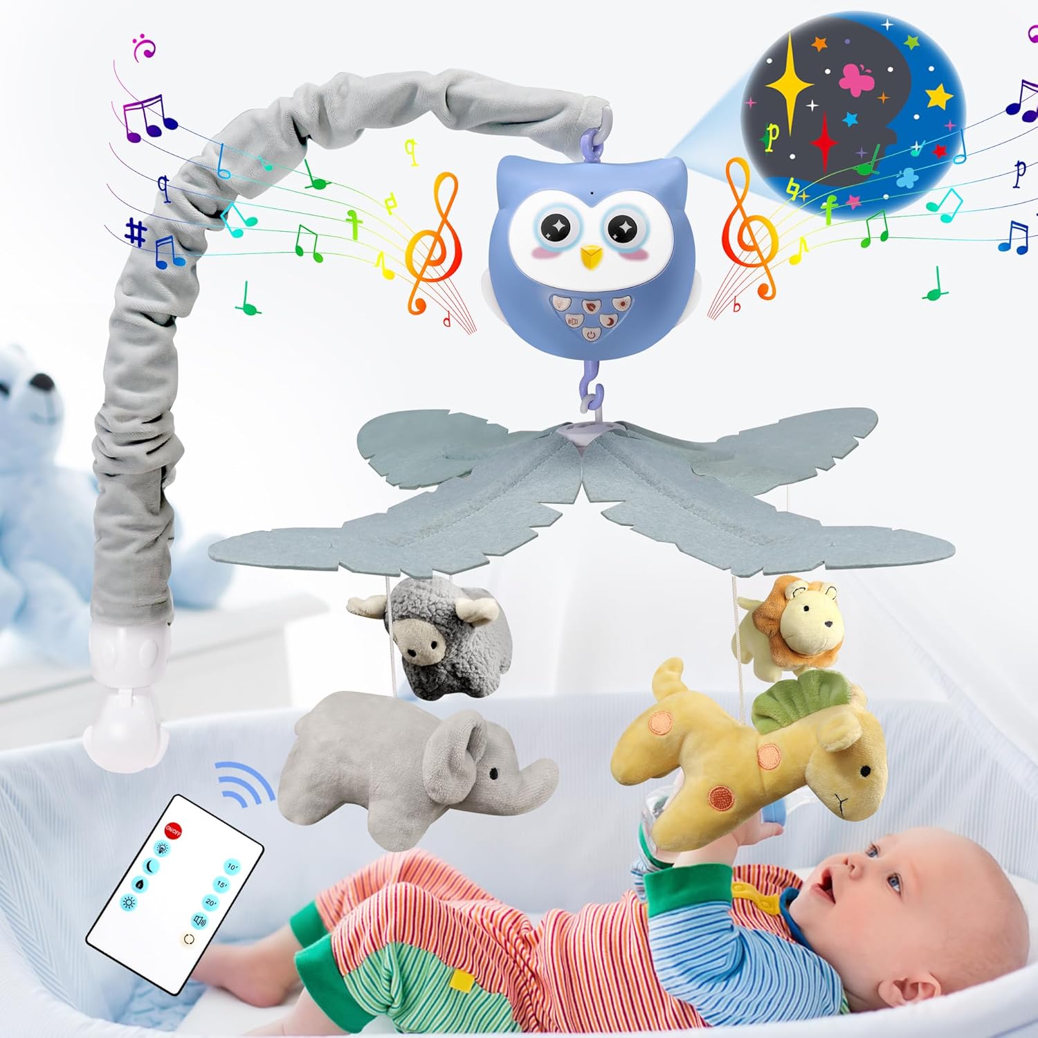 SUMWE baby crib mobile front view displaying the blue owl starlight projector and hanging plush safari animals.