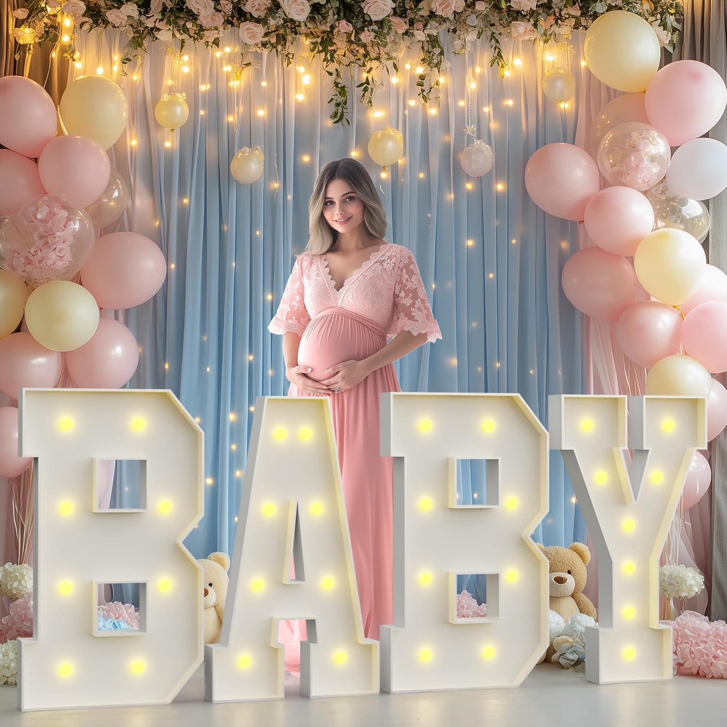Bugame 3FT marquee letters front view illuminated for baby shower decoration