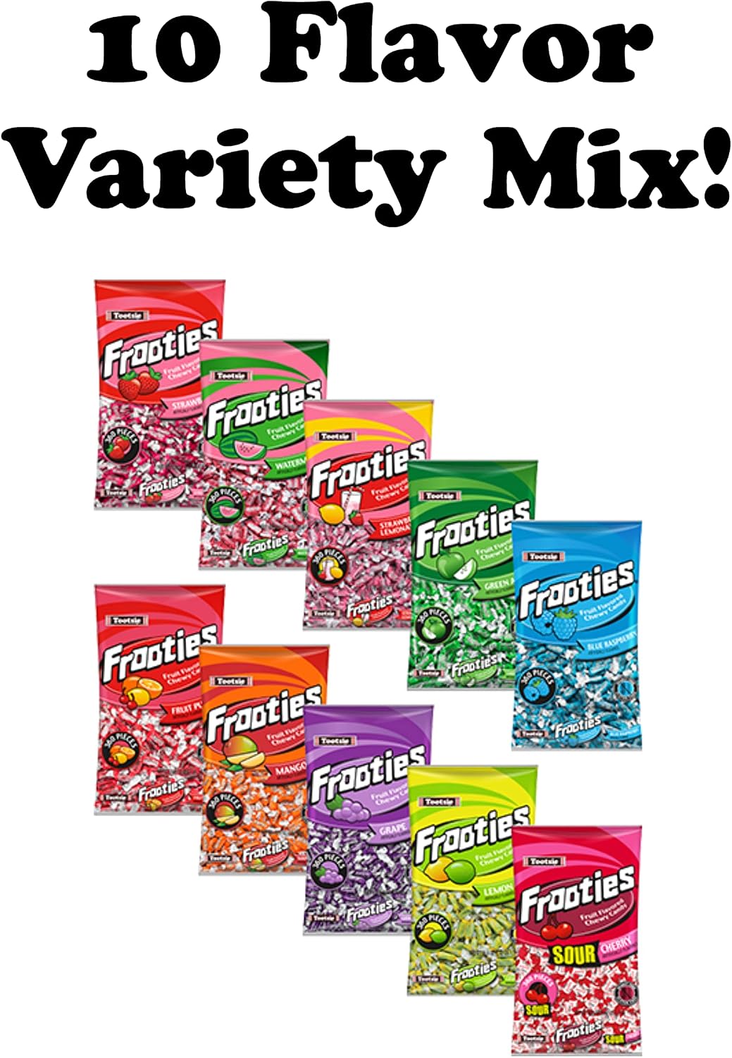 Open bag showing variety of 10 fruit flavors