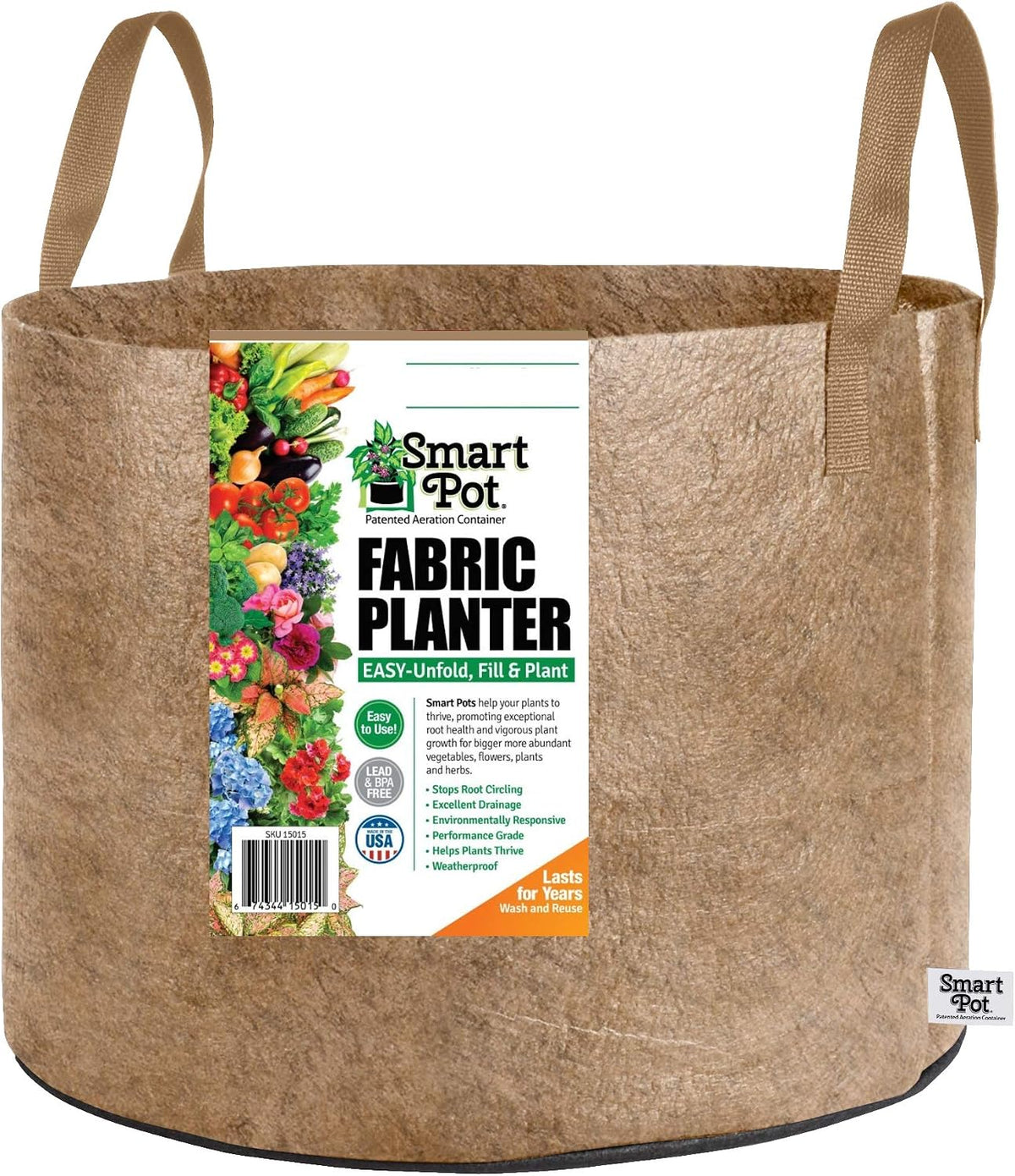 Smart Pots fabric plant container resting on patio floor