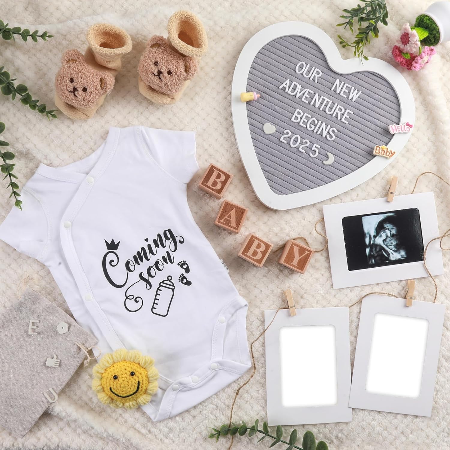 ELESTONE pregnancy baby announcement set front view showcasing the complete 16 piece flat lay arrangement