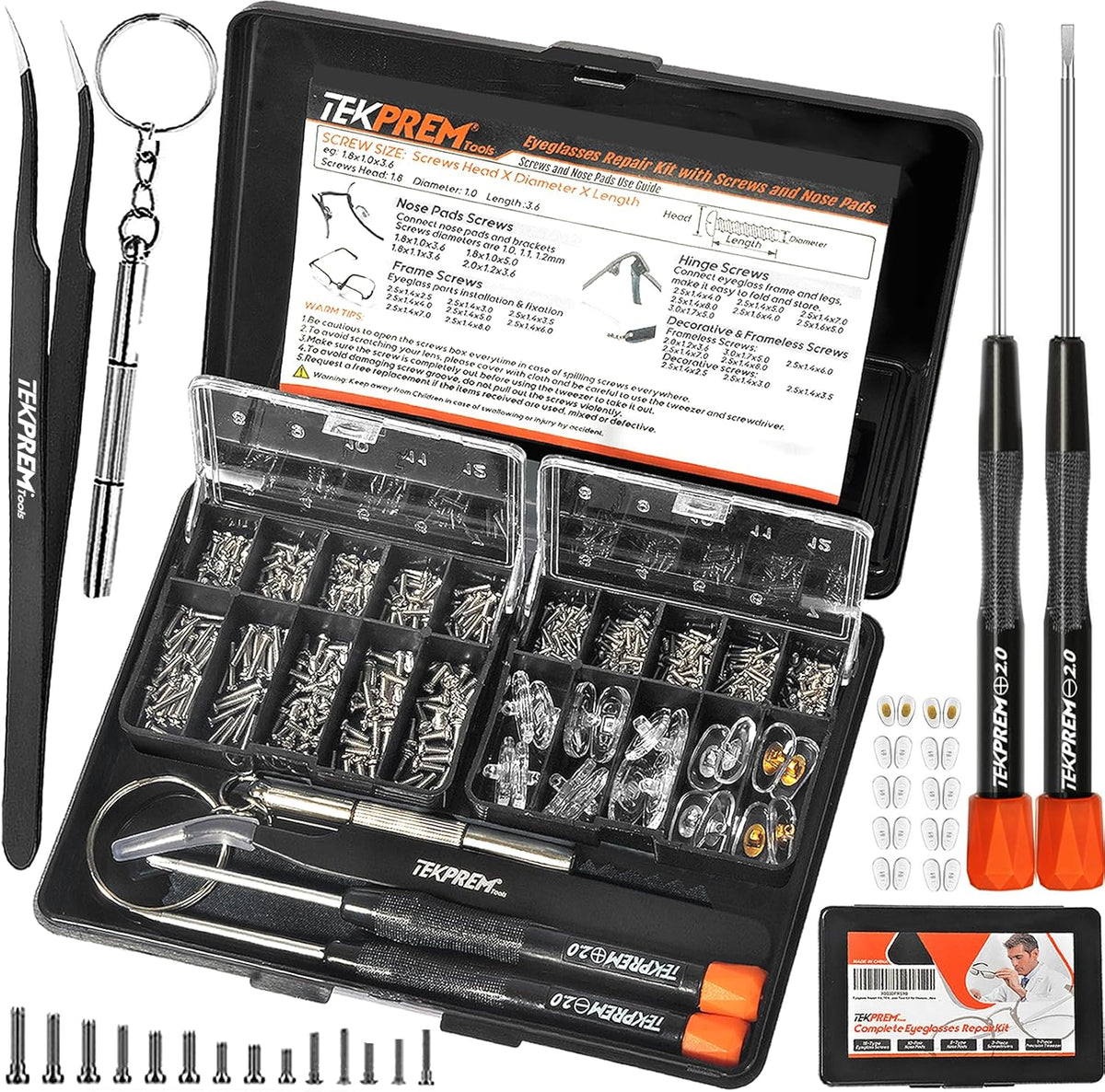 TEKPREM magnetic eyeglass repair tool kit front view showing complete organized plastic case contents