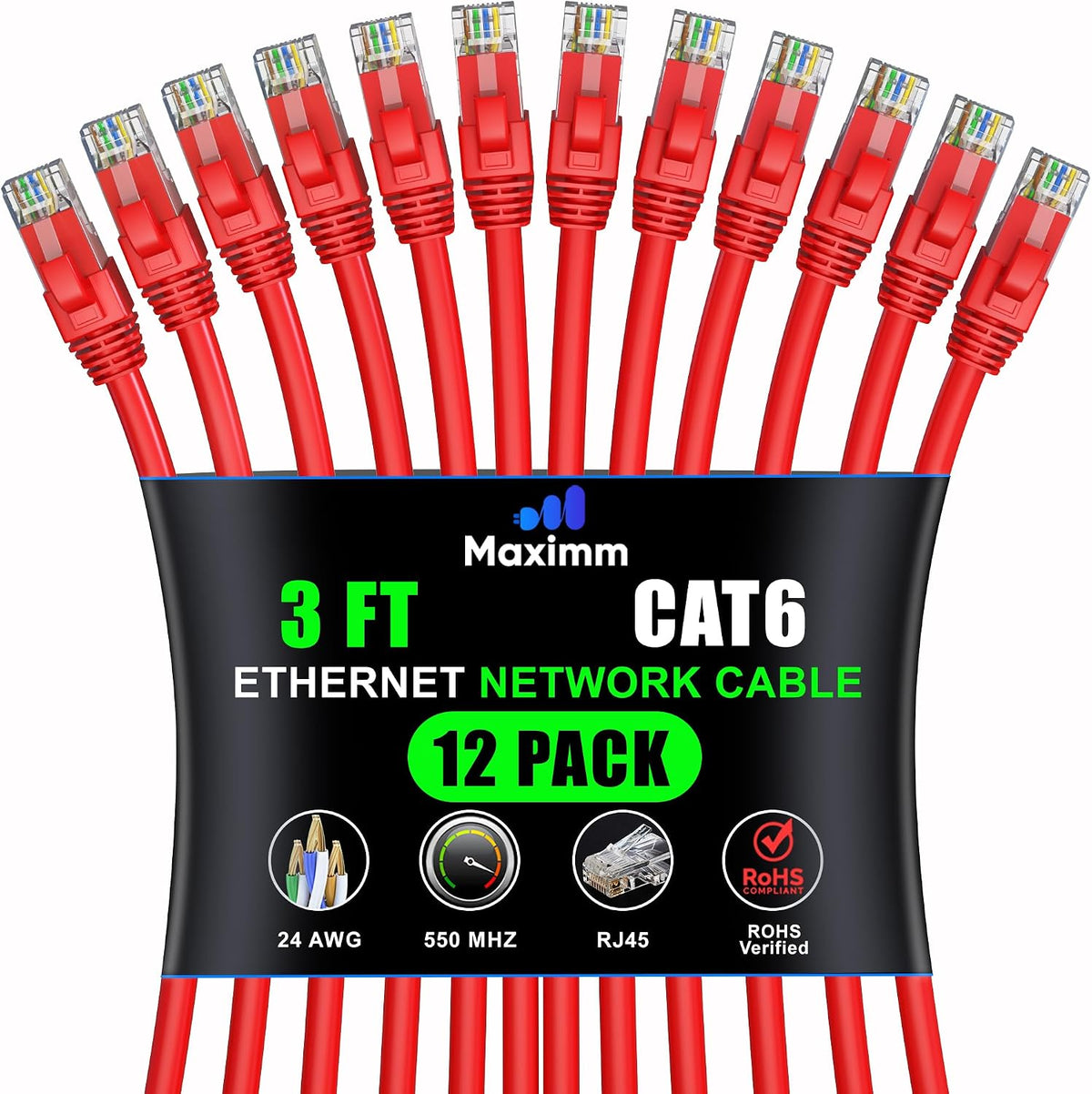 Maximm Cat6 Ethernet Cable 10 Ft Blue (12-Pack), 10Gbps 550MHz UTP Cord - Image 14